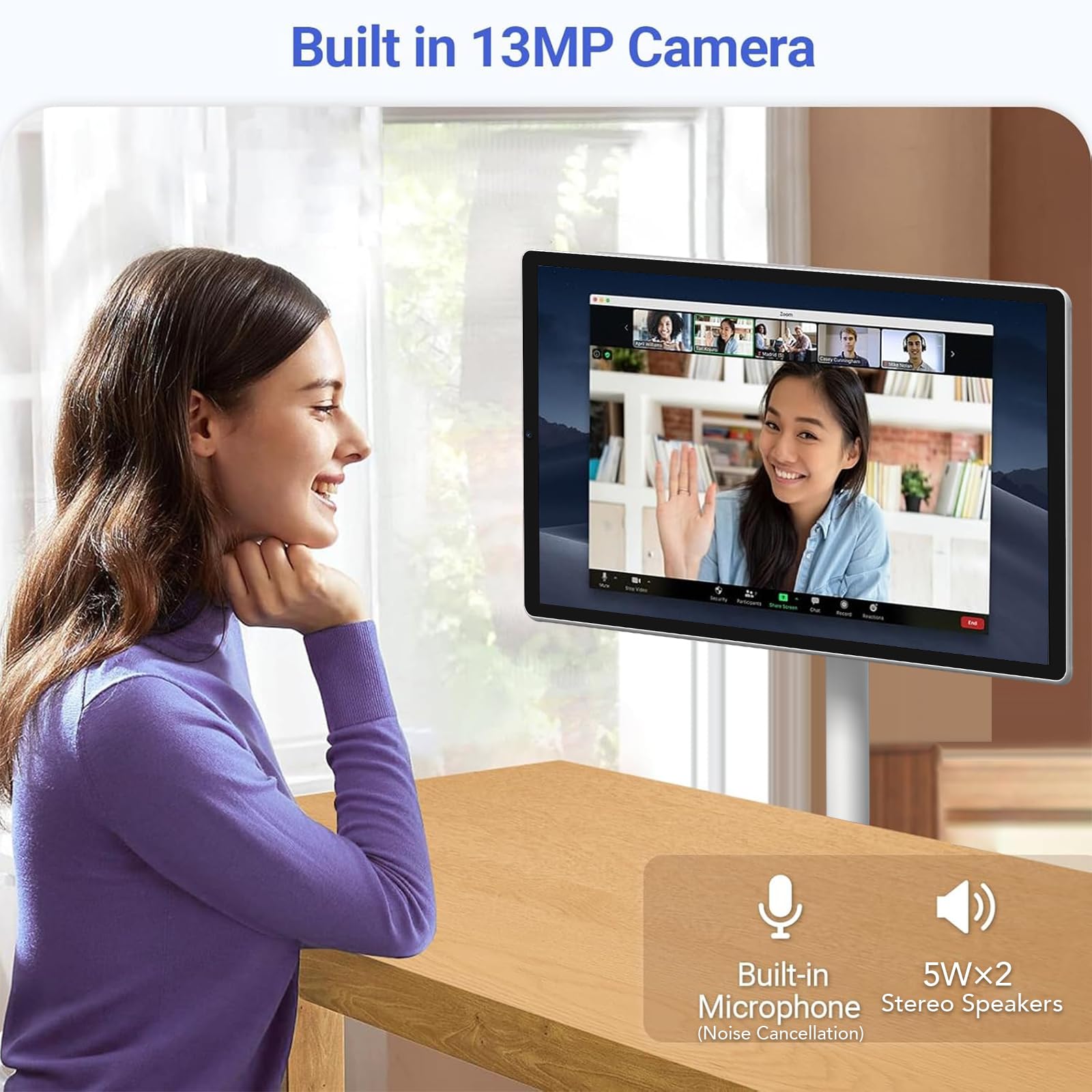 Televisor portátil inteligente FHD de 21.5 pulgadas, TV rodante sobre ruedas, sistema operativo Android 15, almacenamiento 6G + 128GB, monitor de pantalla táctil portátil, cámara de 13 MP, batería