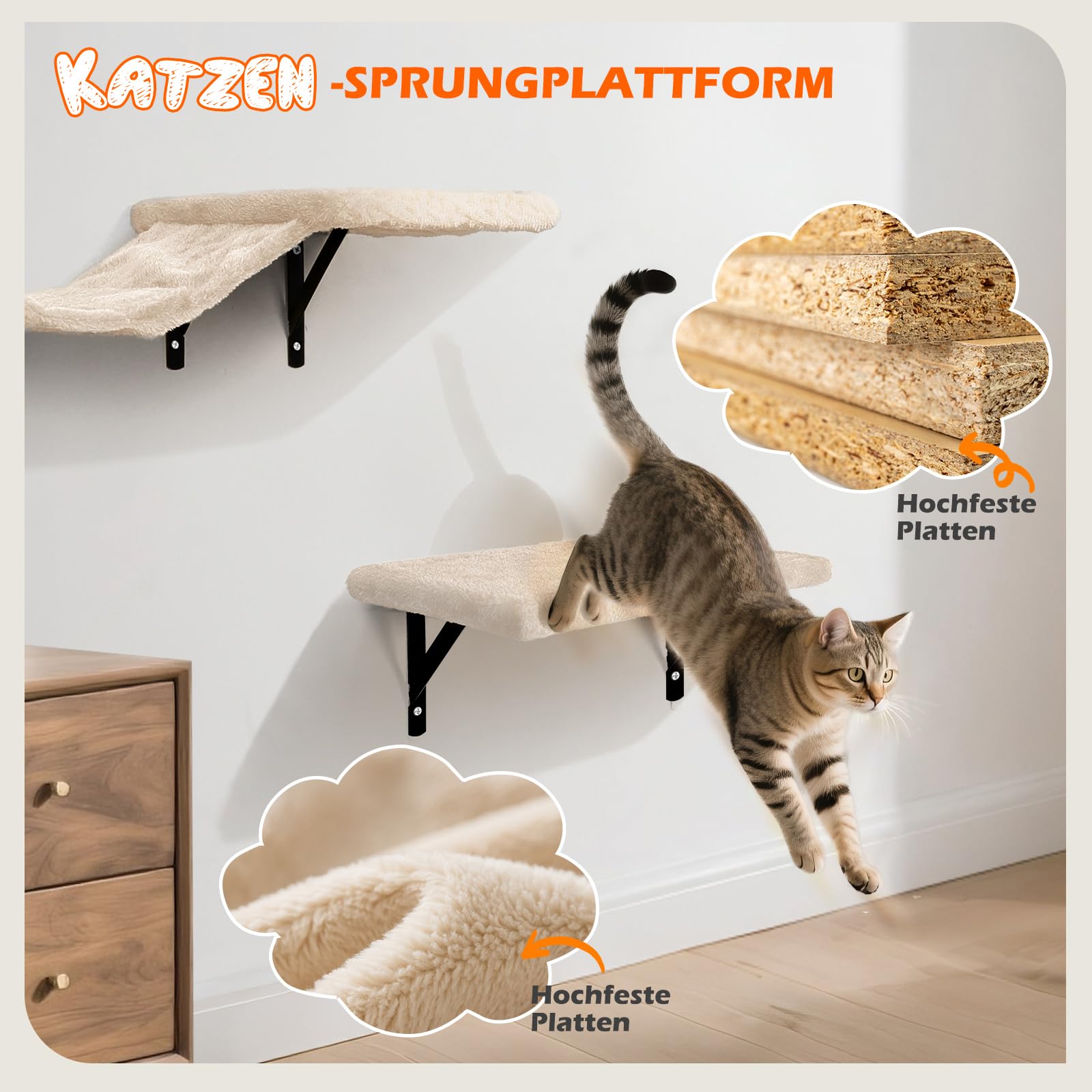Kletterwand Katzen 10-teilig, Wandmontage Katzenmöbel Set mit Katzenbrücke, Katzenhaus, Kratzbaum & Hängematte, Stabiler Katzentreppe bis 10 kg, Beige