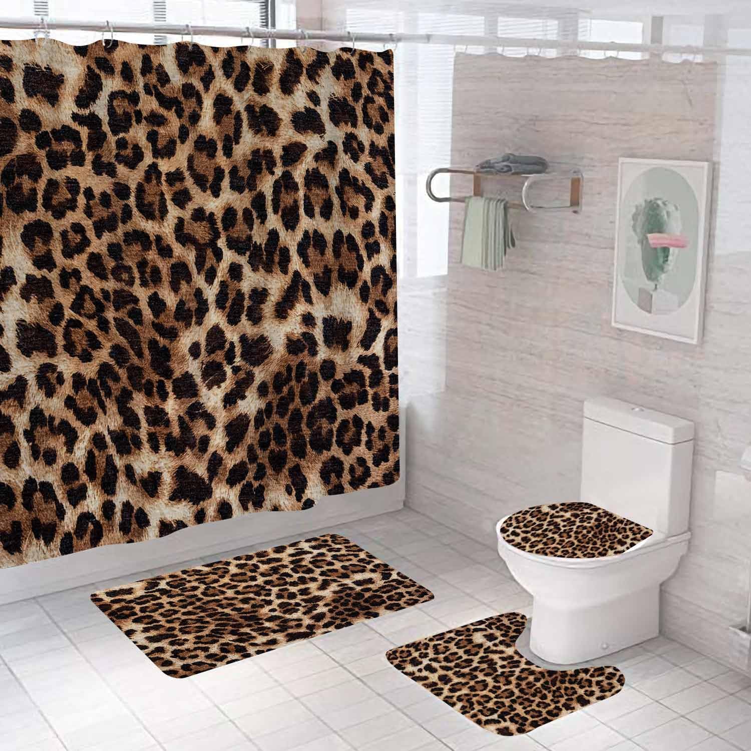 4PCS Leopard Print Shower Curtain Sets With Rugs, Waterproof Fabric Shower Curtain, African Wildlife Wild Safari Animal Skin Fur Panthera Black Brown Jaguar Cheetah Print Modern Bathroom Decor