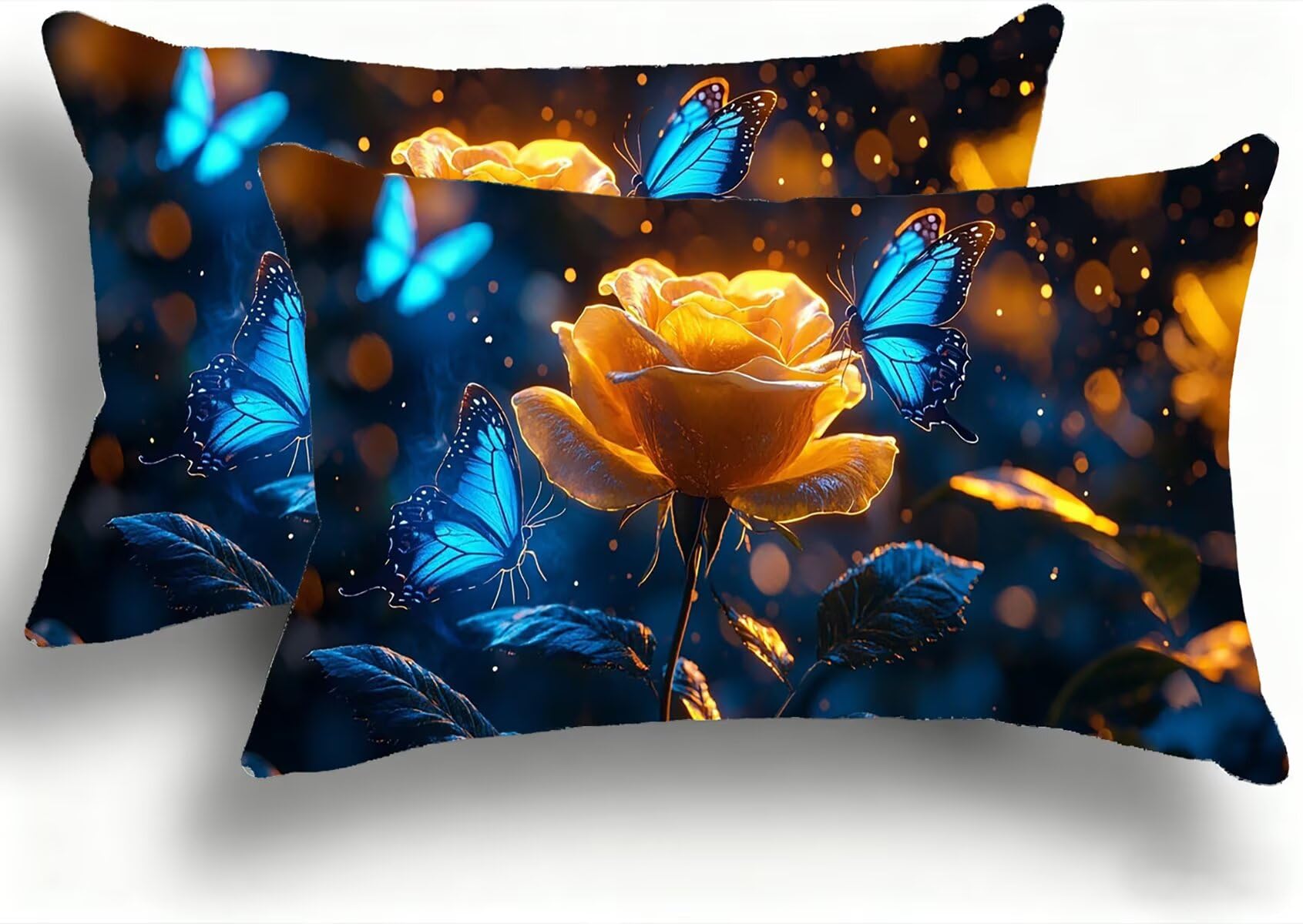 Housse de coussin 30x60 cm velours papillon lot de 2 fleurs roses avec zip invisible