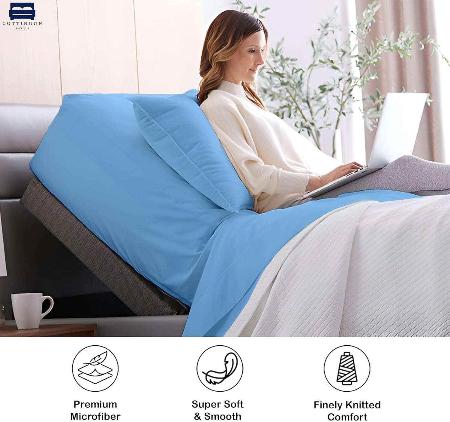 Cottingon Split Top King Fitted Sheet Only - 1 PC Premium Brushed Microfiber Bottom Sheet for Adjustable Beds, 16 Inch Deep Pocket, Top Split 34", Light Blue