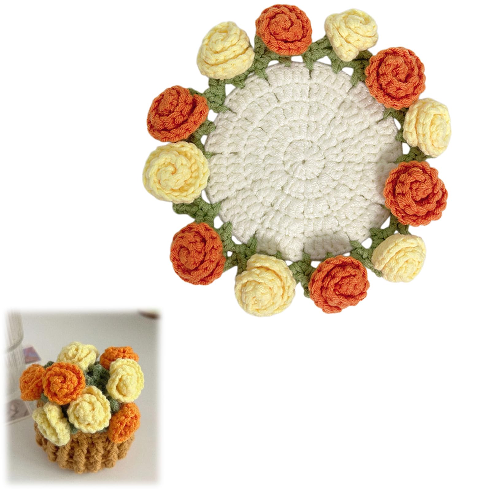 Nucelit Crochet Coasters with 3D Rose and Flower Pots Lovely Decorative Accessories Warm Insulation Placemat Crochet Flowers