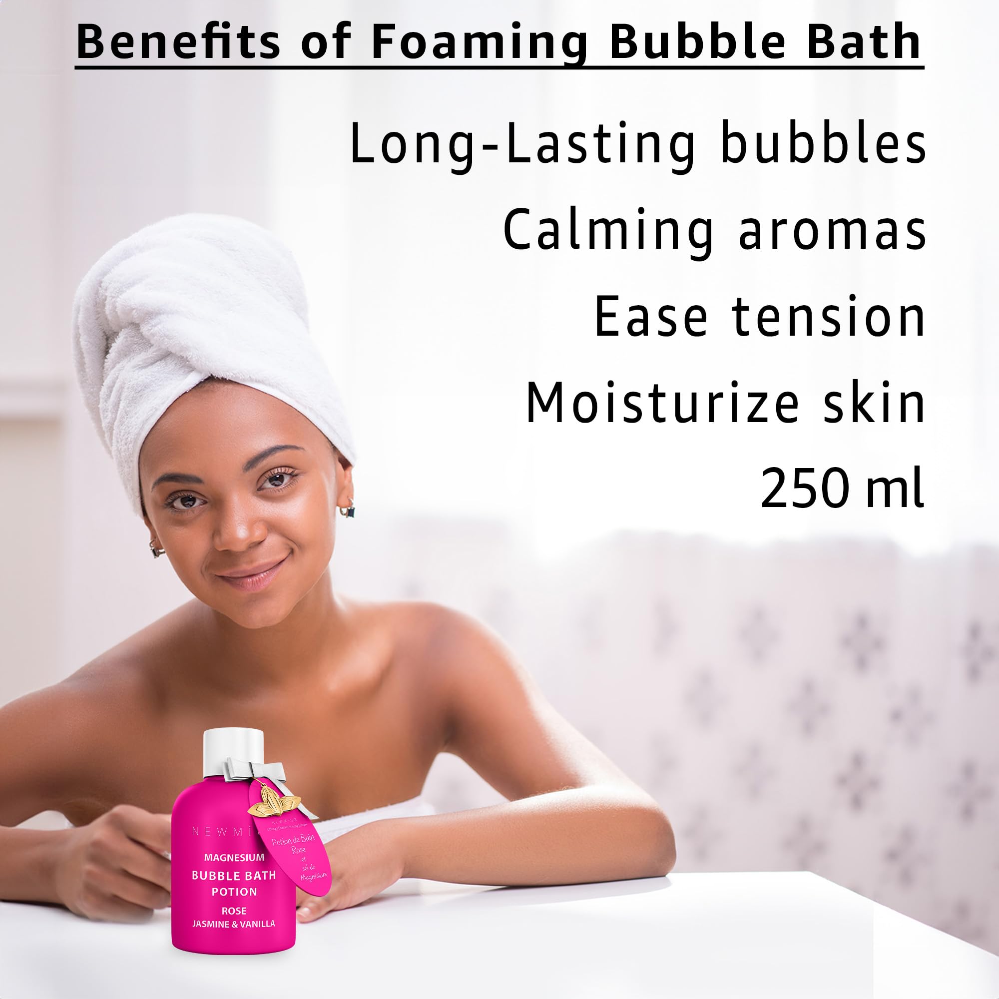 Magnesium Bubble Bath Rose Jasmine Vanilla Long Lasting Foam for Sore Muscles Epsom Salt Moisturizing Relaxing Stress Relief Spa Gift for Women