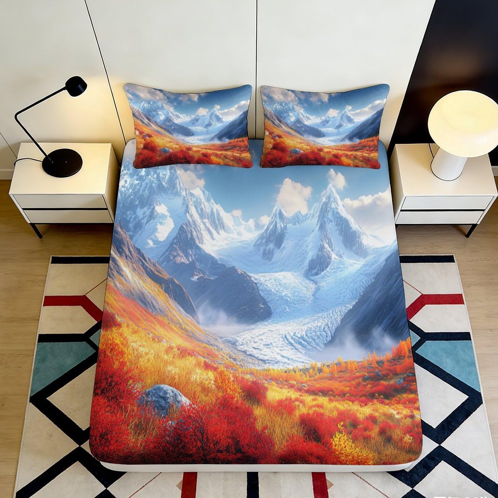 3D Printed Autumn Mountain Landscape Fitted Sheet Microfiber Soft Durable Winter Snowy Peak Mattress Cover for Bedroom Dormitory Guest Room Protection 180x200x25cm