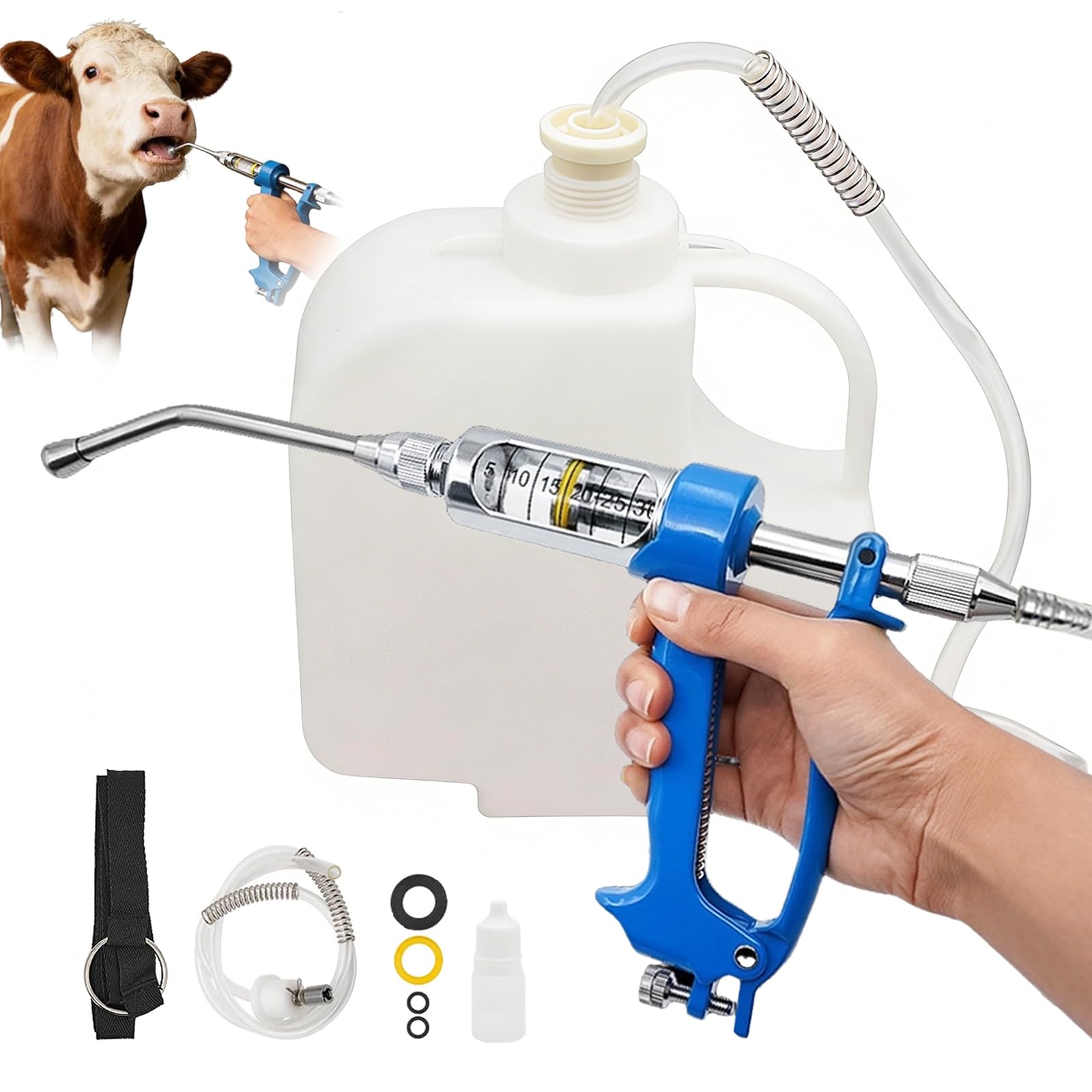 Pistola de Drench Veterinaria de Metal, Dosificación Oral 5-30 ml Ajustable Depósito 2500 ml Boquilla Acero Inoxidable Mango Antideslizante Para Vacas Cerdos Ovejas