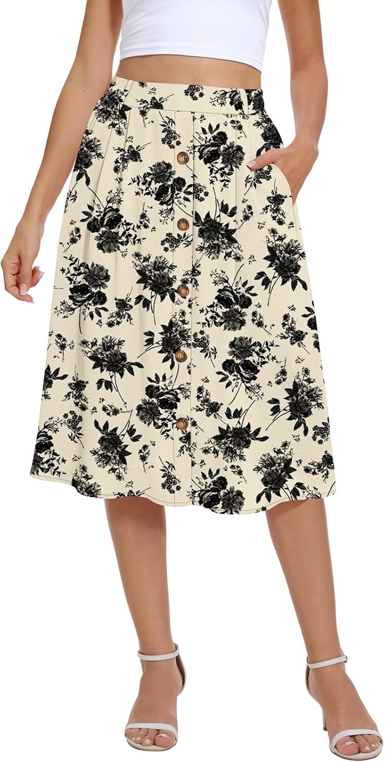 Yincro Women's Flowy Midi Skirt Summer Pleated High Waisted Casual Button Front Skirts with Pockets