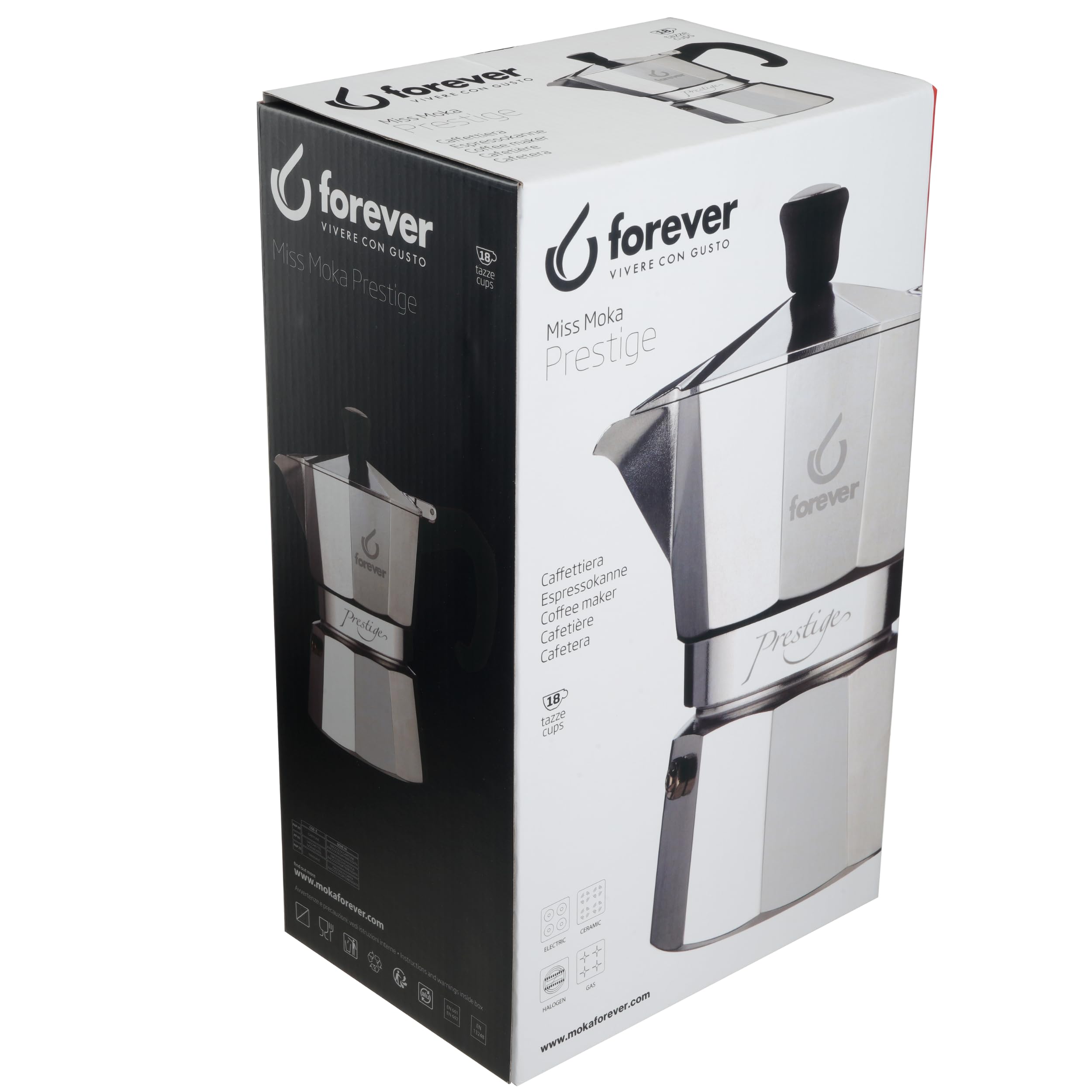 FOREVER Miss Moka Prestige | Caffettiera Moka in Alluminio (18 Tazze) | Macchina da Caffè Espresso per Casa e Campeggio | Caffettiera Portatile con Guarnizione in Silicone