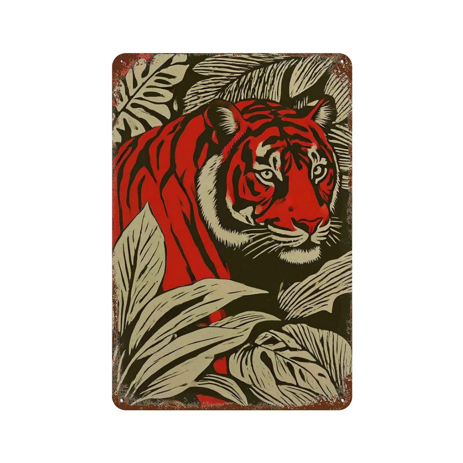 xiaoxiaoshen Red Tiger Jungle Linocut Animal Bold Safari Tropical Retro Graphic Wall Decor Art Metal Tin Poster Modern Home Decor Art Home Bar Shop Decorations Vintage Sign 30x20cm