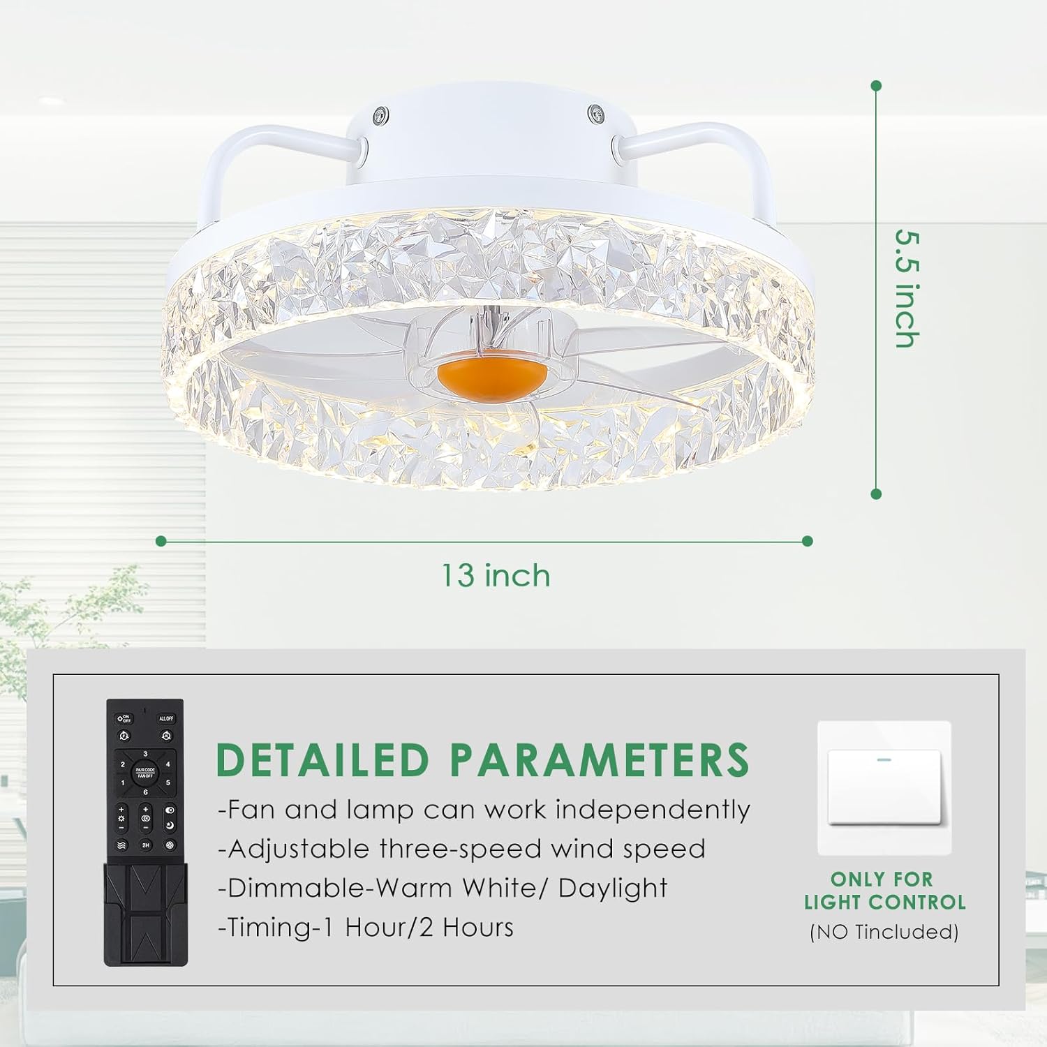 White Ceiling Fans with Lights and Remote - Low Profile Flush Mount Ceiling Fans - 13” Modern Bladeless Enclosed Ceiling Fans with Led Light and Stepless Dimming, White Small Ceiling Fan for Bedroom