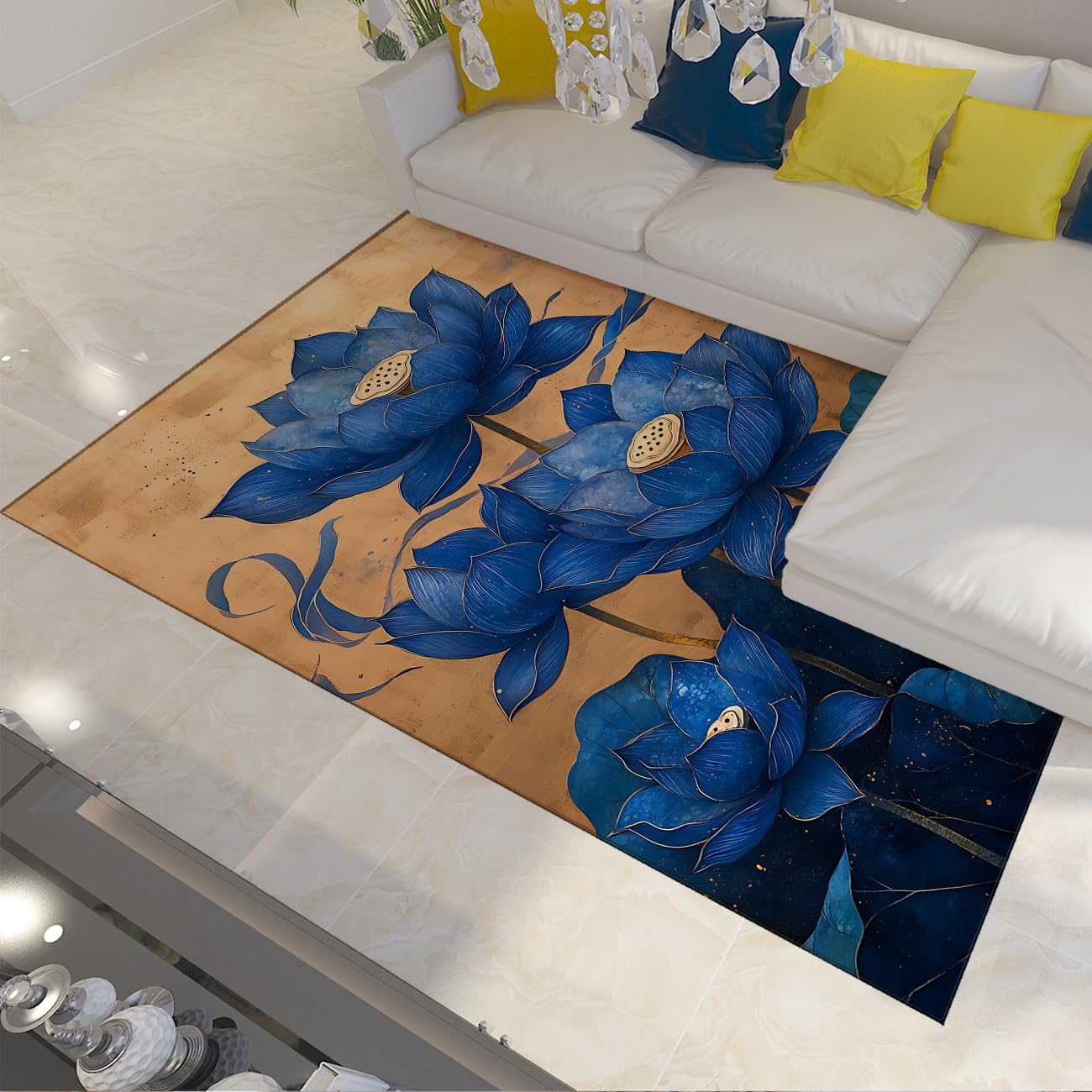 Tapis lotus bleu 90x150cm lavable à poils bas pour salon et chambre