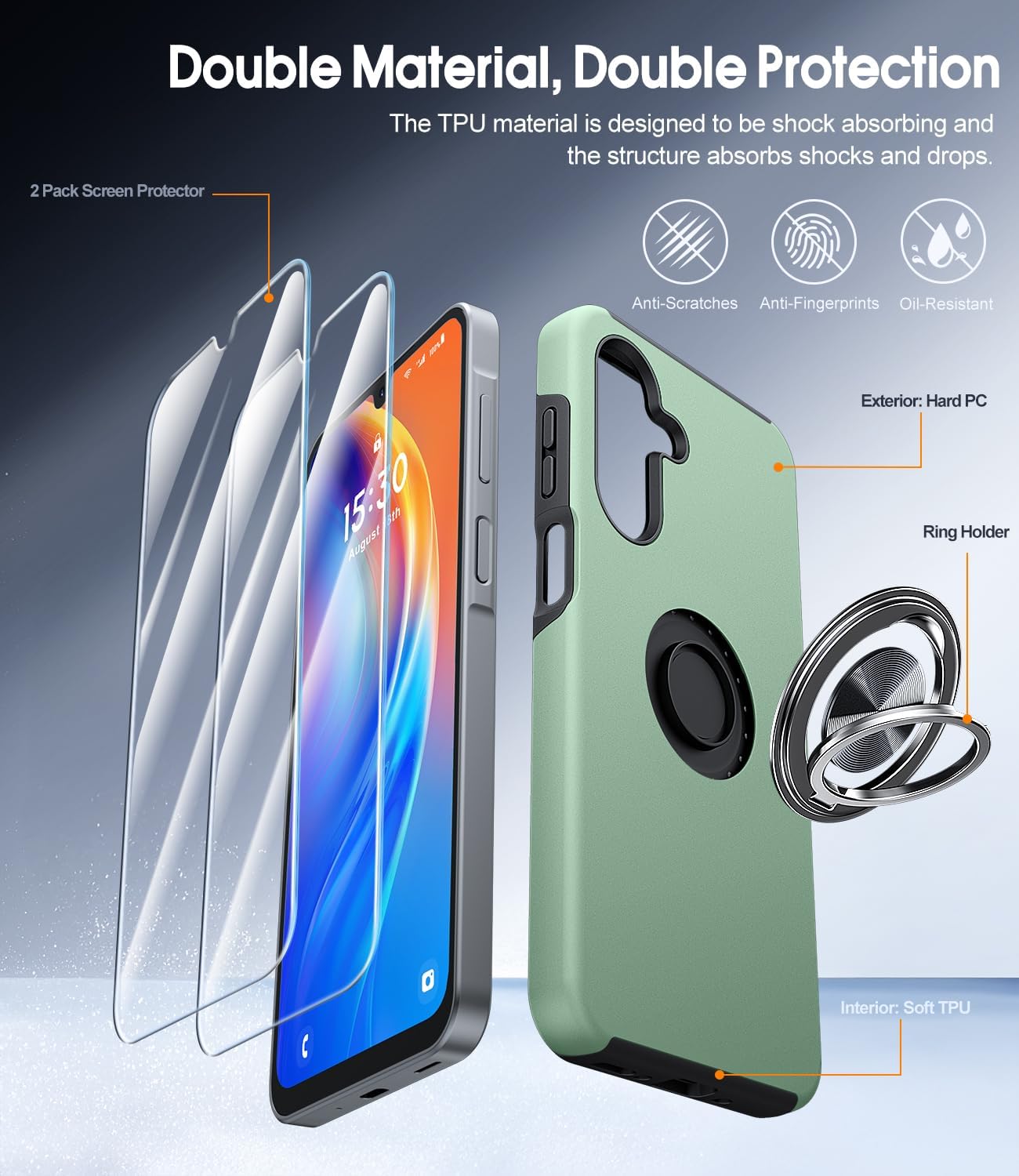 JAME for Samsung Galaxy A17/A26 5G Phone Case with Screen Protector [2 Packs] Ring Holder Stand Kickstand Dual Layer Military Shockproof Slim Protective Cover Samsung Galaxy A17/A26 Case, Alpine Green