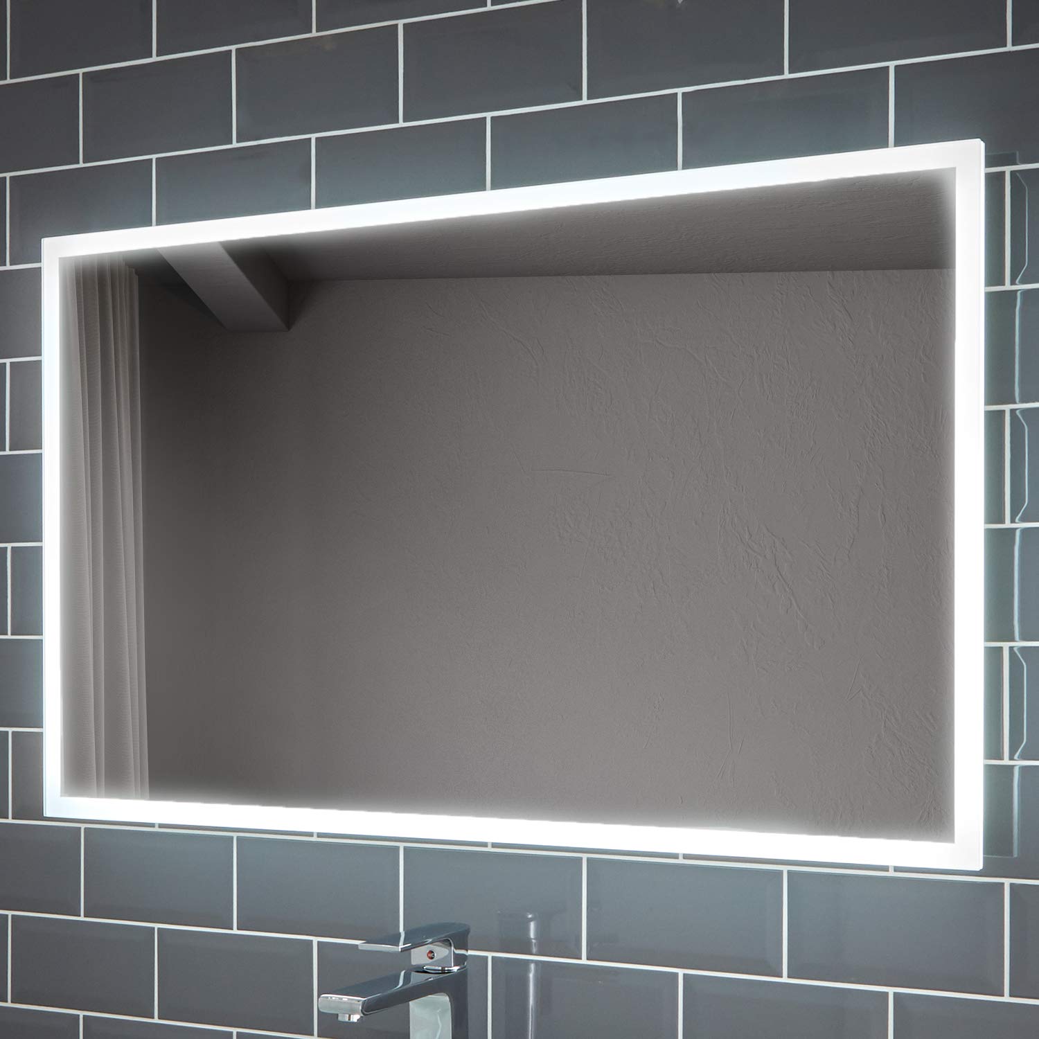 Pebble Grey Illuminated Bathroom Mirror with Lights 1000x600mm IP44 Rated - Diaz Wall-Mounted LED Bathroom Mirror with Shaver Socket, Demister Pad, & Motion Sensor, Shaver Lights for Bathrooms