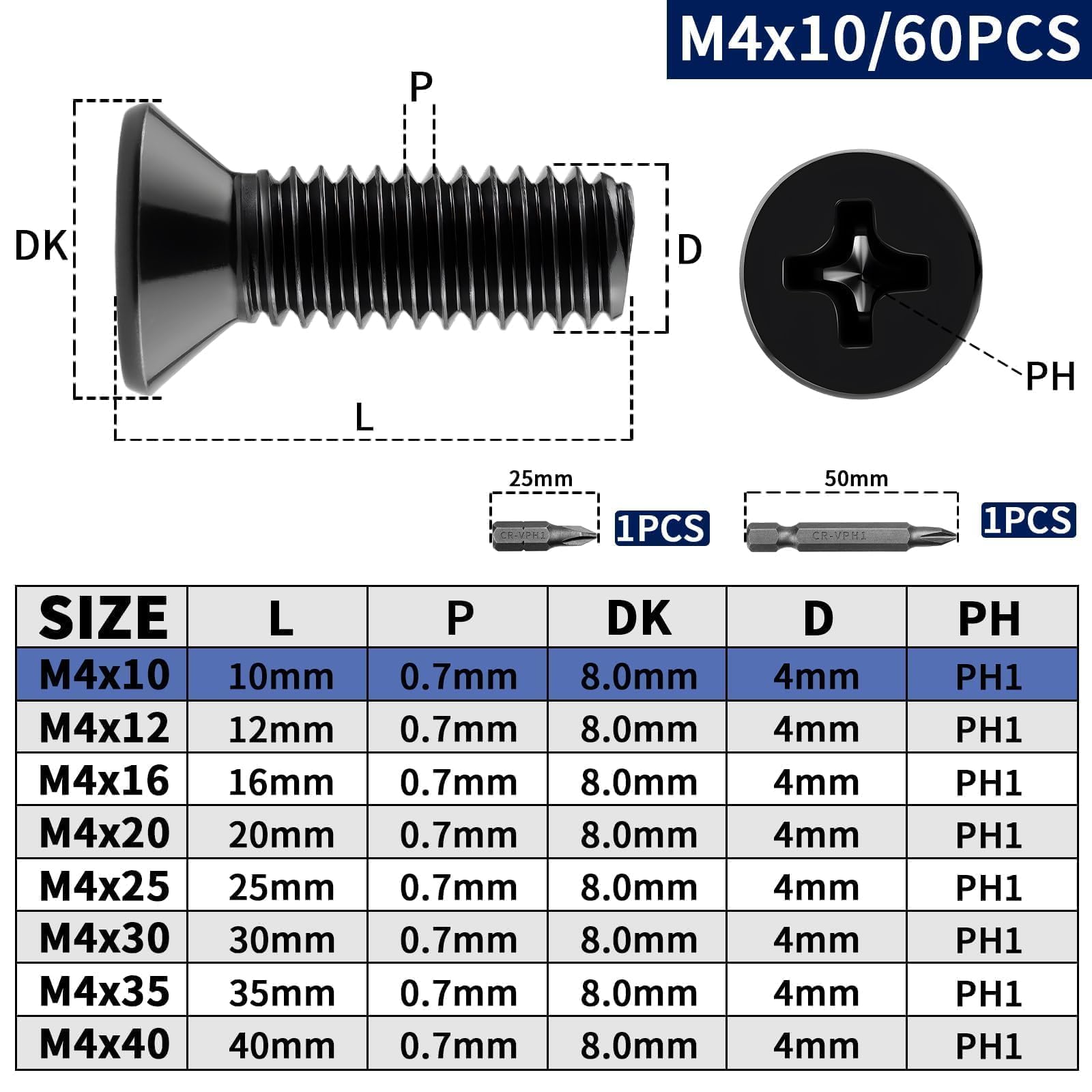 Mbsomnus 60 sztuk śrub z łbem stożkowym M4 x 10 mm, śruby z łbem stożkowym M4, śruby gwintowane z łbem płaskim do drzwi, okien, stołów, krzeseł, ogrodzeń