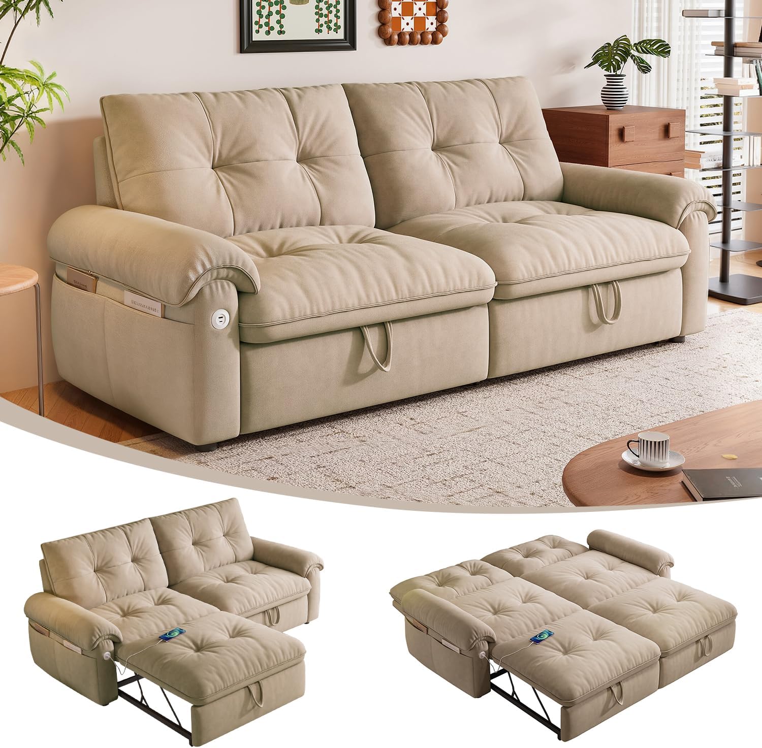 77" Queen Size Sofa Bed, 3-in-1 Convertible Sleeper Sofa Bed with Adjustable Backrest, Modern Velvet Couch with Side Pocket and USB Ports, for Living Rooms, Bedrooms, Small Spaces (Brown, 77.2inch)