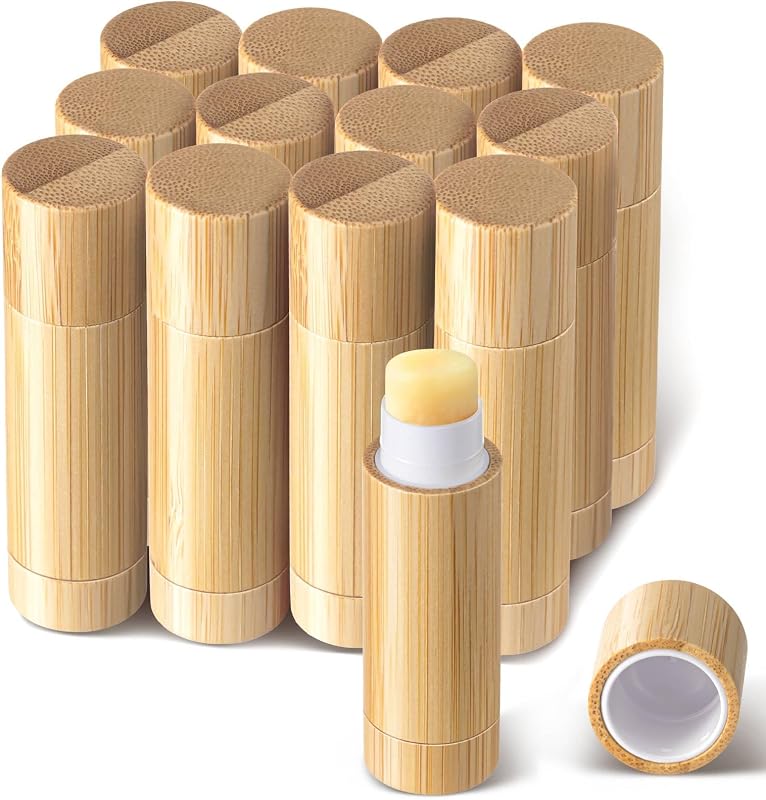 12 Pcs Bamboo Empty Lip Balm Containers, Refillable 5g Lipstick Tubes