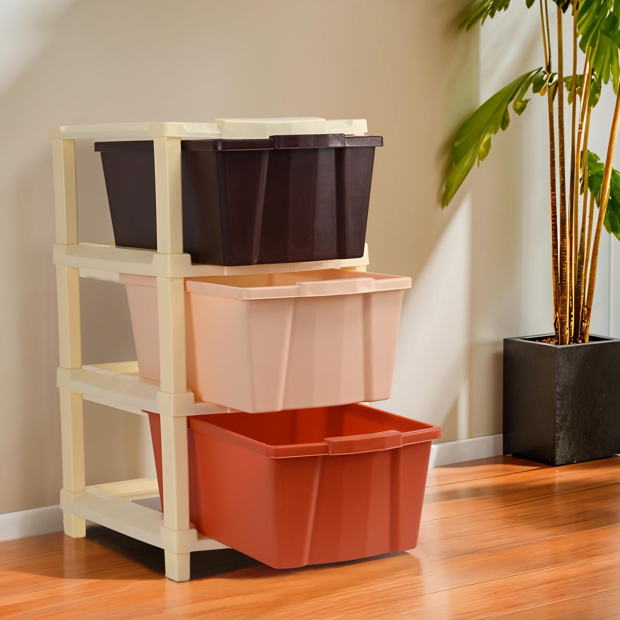 Kuber Industries 3-Tier Collapsible Multipurpose Plastic Drawers Storage Organizer | Durable Cabinets/Storage Rack for Kitchen | Kids Toy Box & Shelf for Home/Office | Brown