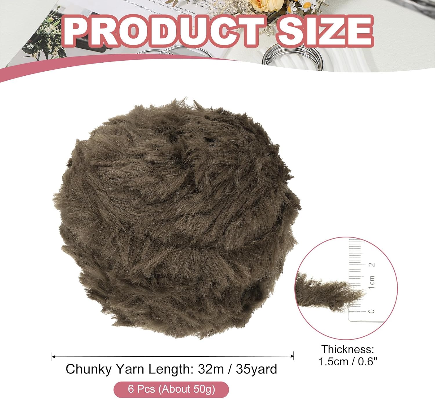 PATIKIL 35yds Faux Fur Yarn, 6 Skeins 0.6" OD 50g Soft Fuzzy Yarn Crochet Fluffy Chunky Polyester Plush Fur for Crocheting and Hand Knitting Shawls Hat Blanket Rug, Dark Brown