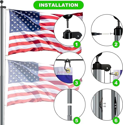 Miniatura 6 de FFILY Mástil de bandera resistente, kit de asta de bandera de aluminio extra grueso de calibre 12 de 25 pies para exteriores en el suelo, 100 MPH