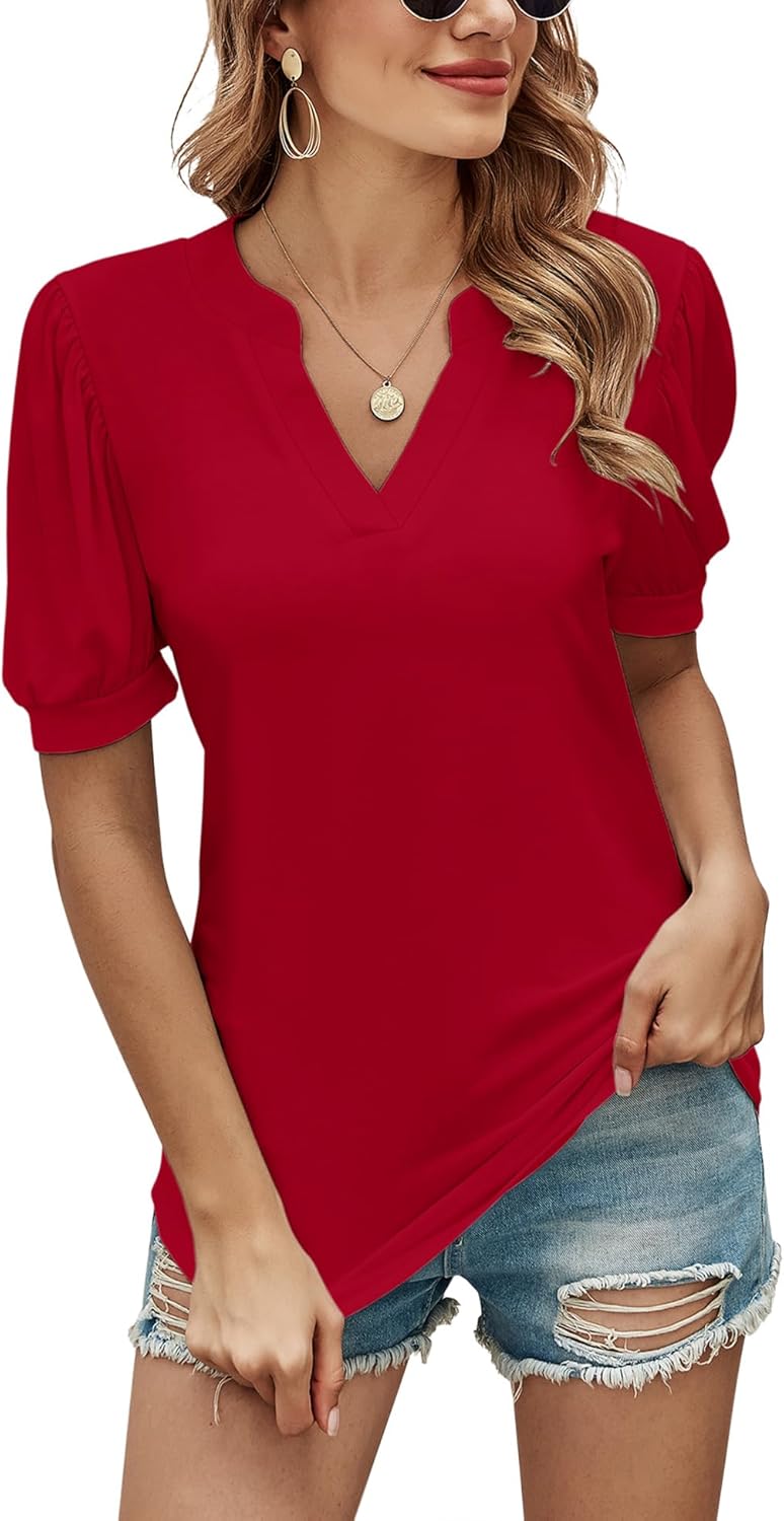 Romanstii Women Casual V-Neck T-Shirts Loose Puff Short Sleeve Tops Tunic Blouses