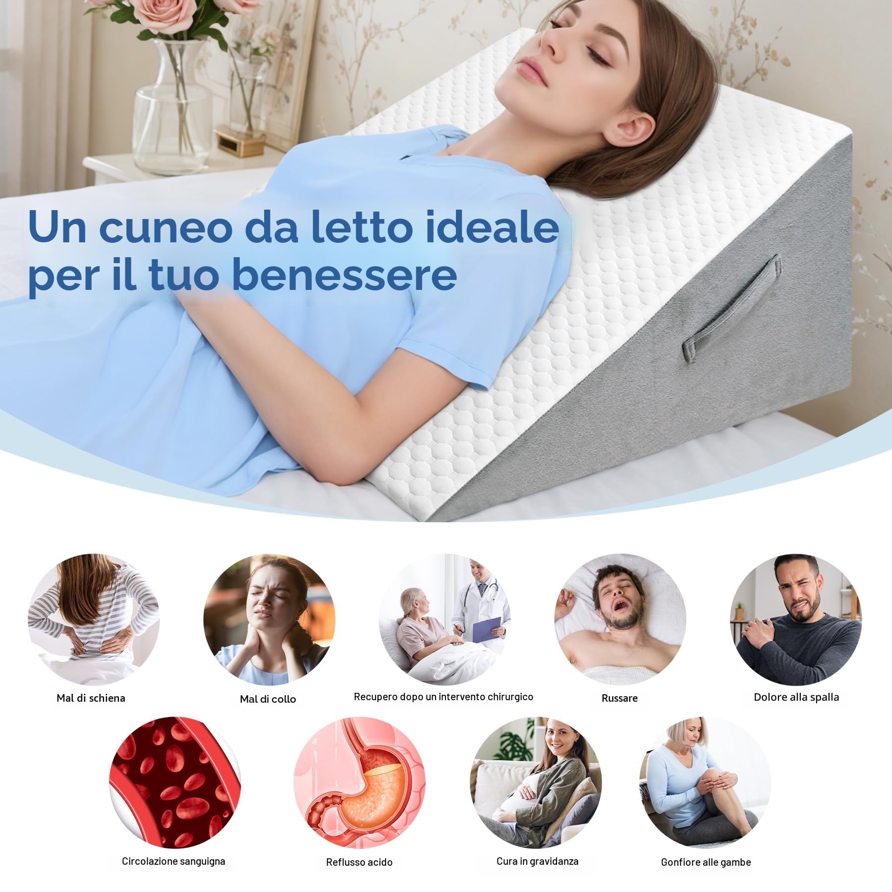 INFANZIA Cuscino a cuneo per letto, cuscino triangolare in schiuma ad alta densità per apnea notturna, reflusso acido, russare, sollevamento gambe 30,5 cm, supporto per la schiena per sedersi a letto,