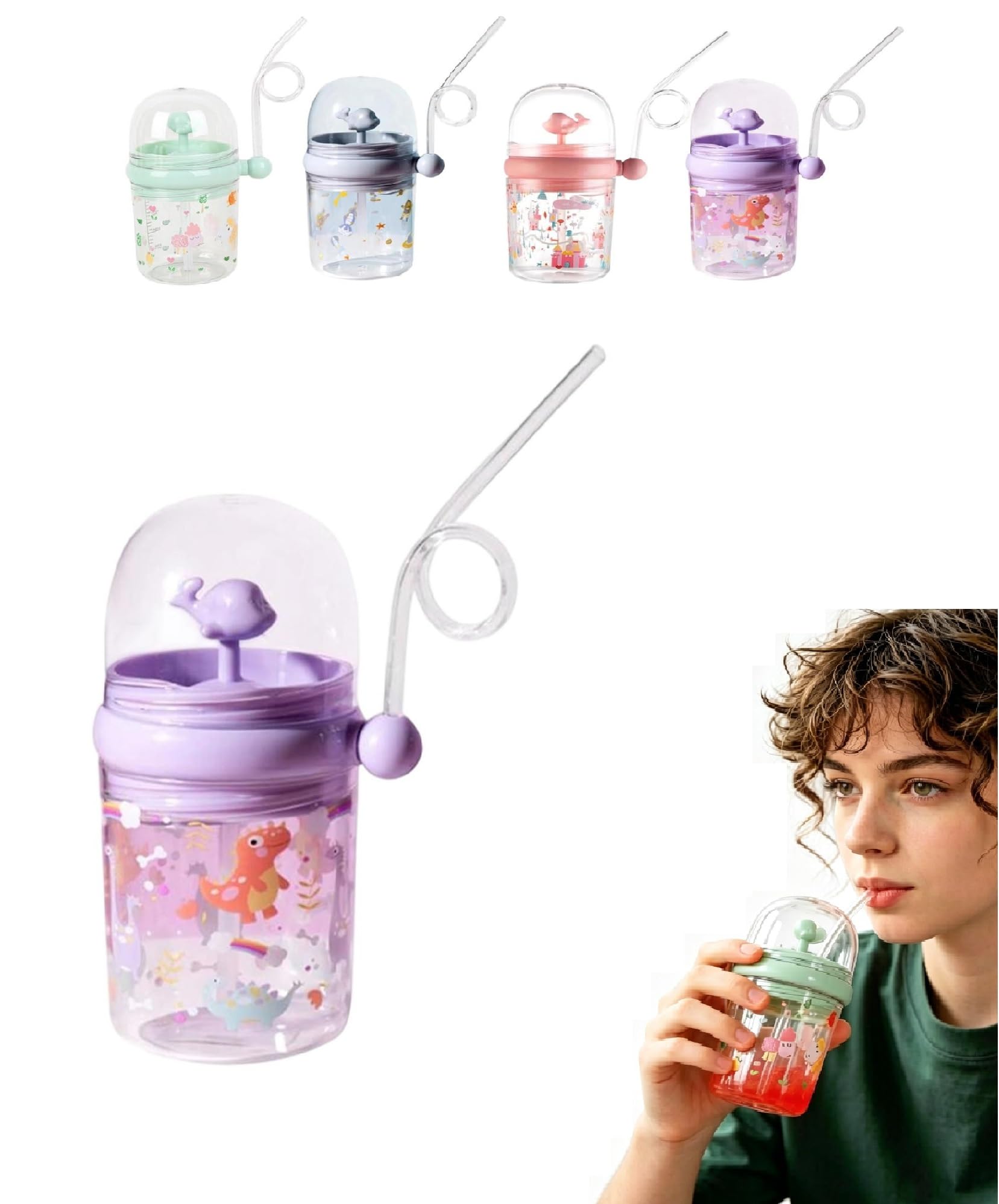 Whale Sippy Cup, 260ml Cute Whale Fountain Tumbler, Leak Proof Reusable Water Bottle with Straw for Party, School, Beach. (Color-C)