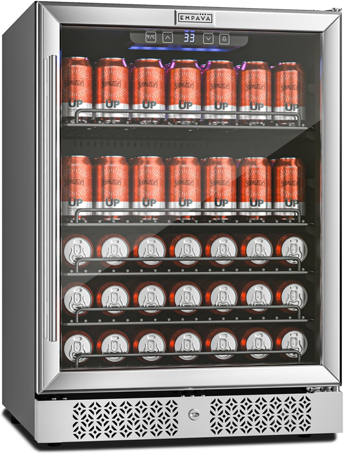 Empava 24in Beverage Refrigerator and Cooler 140 Can Capacity, Built-in Counter or Freestanding Mini Fridge with LED Light and Reversible Glass Door, Digital Display