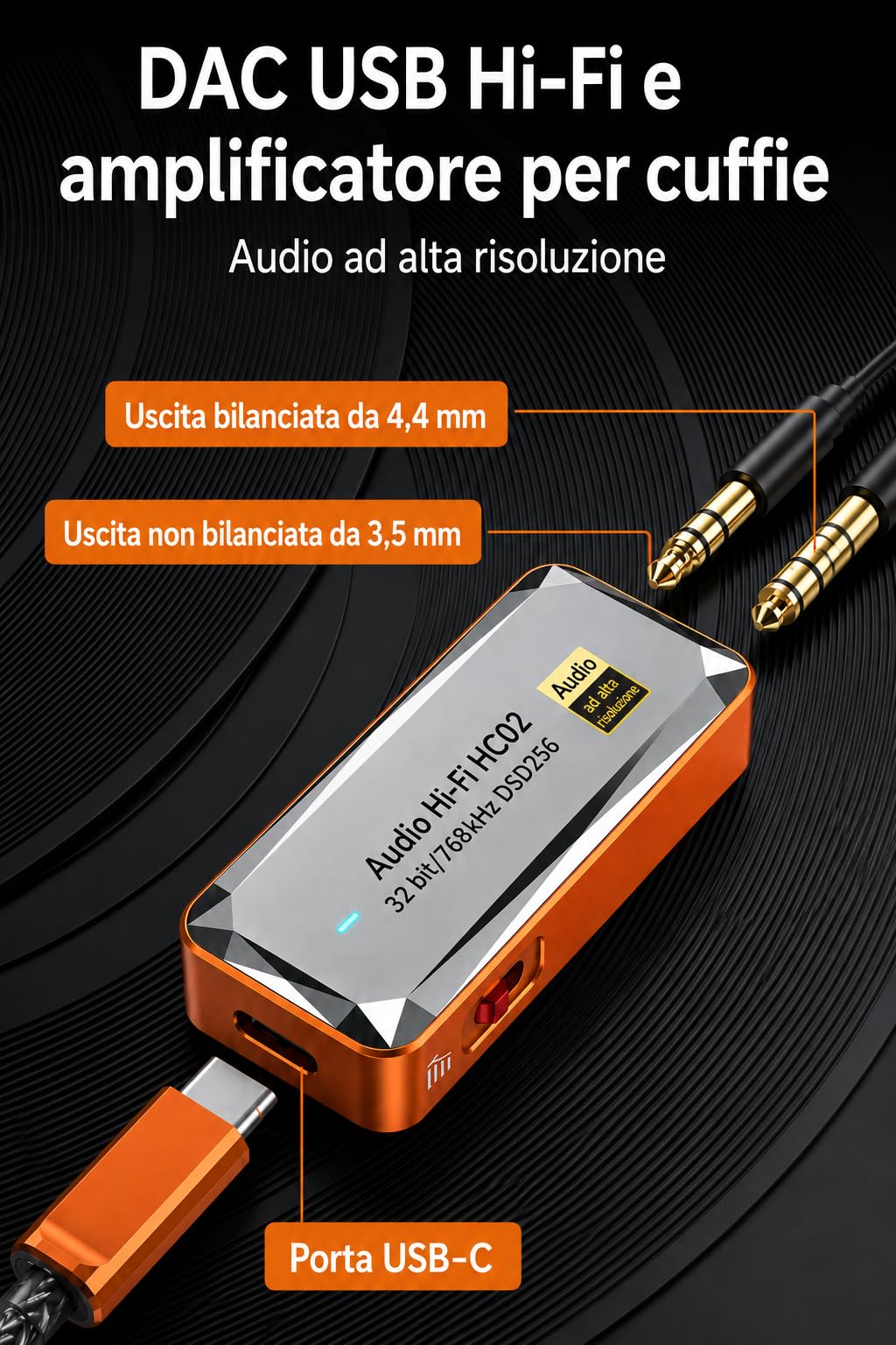 DAC USB C Amplificatore per Cuffie, Dongle DAC Portatile CS43198, Jack 3,5 mm e 4,4 mm, Hi-RES 32 bit/768 kHz, DSD256, Scheda Audio Esterna per IEM, Smartphone, Tablet e PC, Arancione