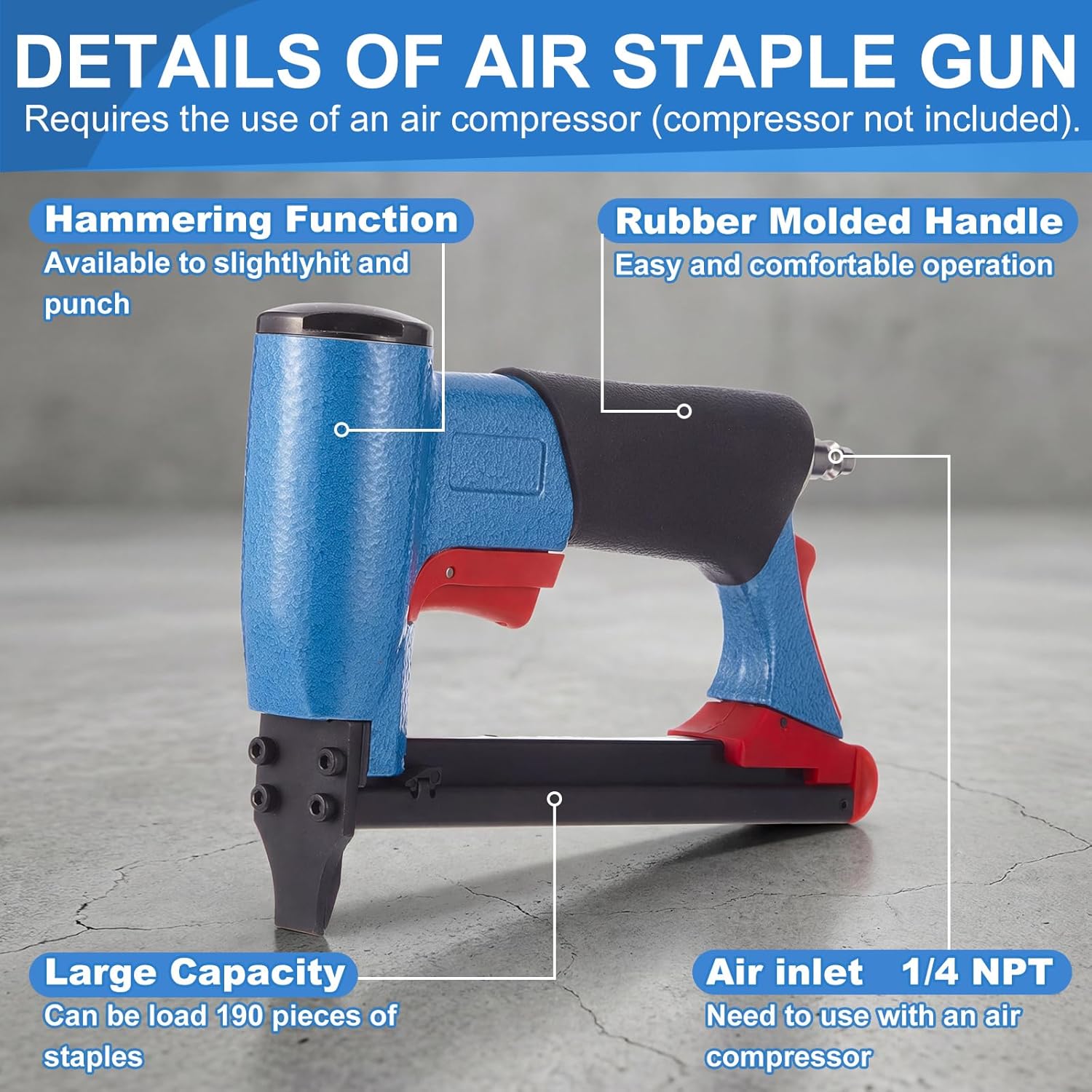 Pneumatic Upholstery Stapler, 22 Gauge Compatible with 71 Series Air Staple Gun (3/8" Crown), 1/4"-5/8" Length, 190-staple Magazine, 60-100 Psi, 1/4" Npt(Short)