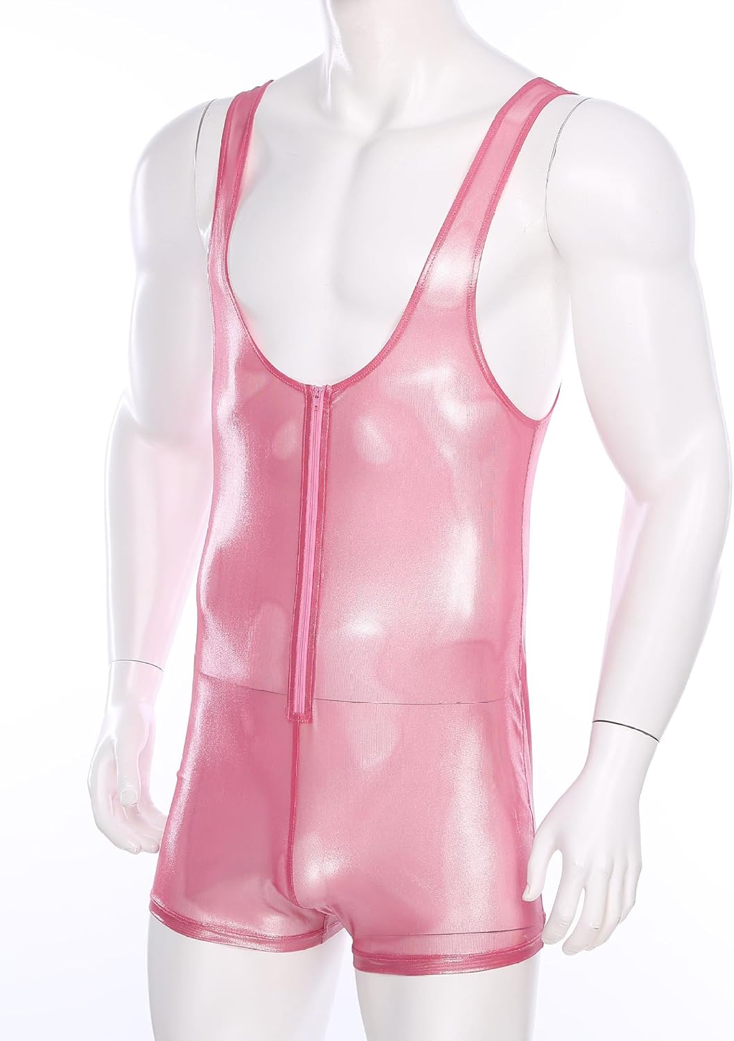 Mens Shimmering See Through Bodysuit Front Zipper Sleeveless One - Piece for Rave & Party