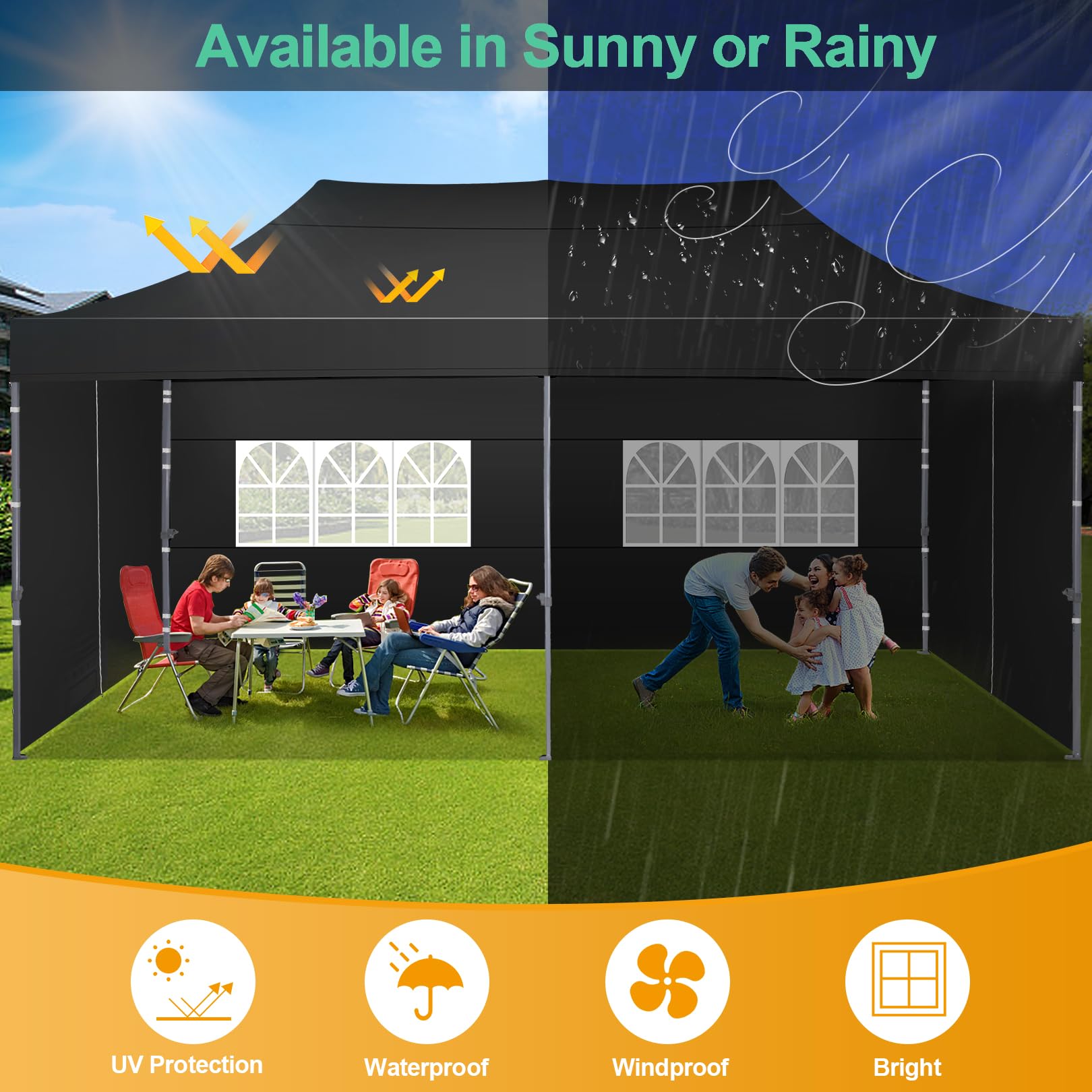 COBIZI Faltpavillon 3x6 Wasserdicht Stabil Winterfest mit Seitenwand,Pop Up Pavillon Partyzelt,Sonnenschutz Gartenpavillon,Pavillon Faltbar mit Tasche mit Rollen(3 mal 6m Schwarz)