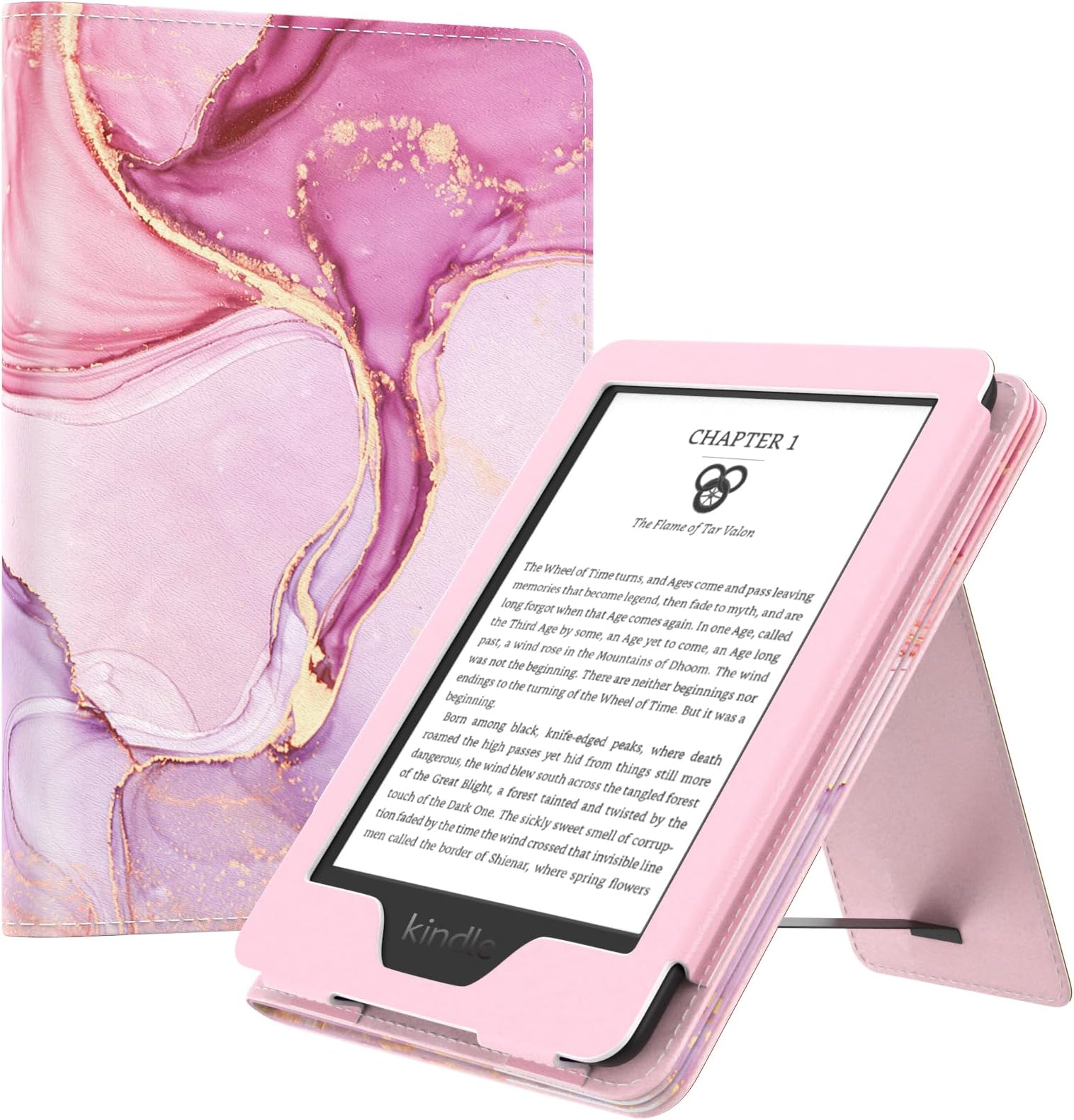 MoKo Case Fits 6" Kindle(11th Generation, 2024/2022 Release)/Kindle(10th Gen,2019)/Kindle(8th Gen, 2016), Ultra Lightweight PU Shell Cover with Auto Wake/Sleep for Kindle 2024, Light Pink Gold Marble