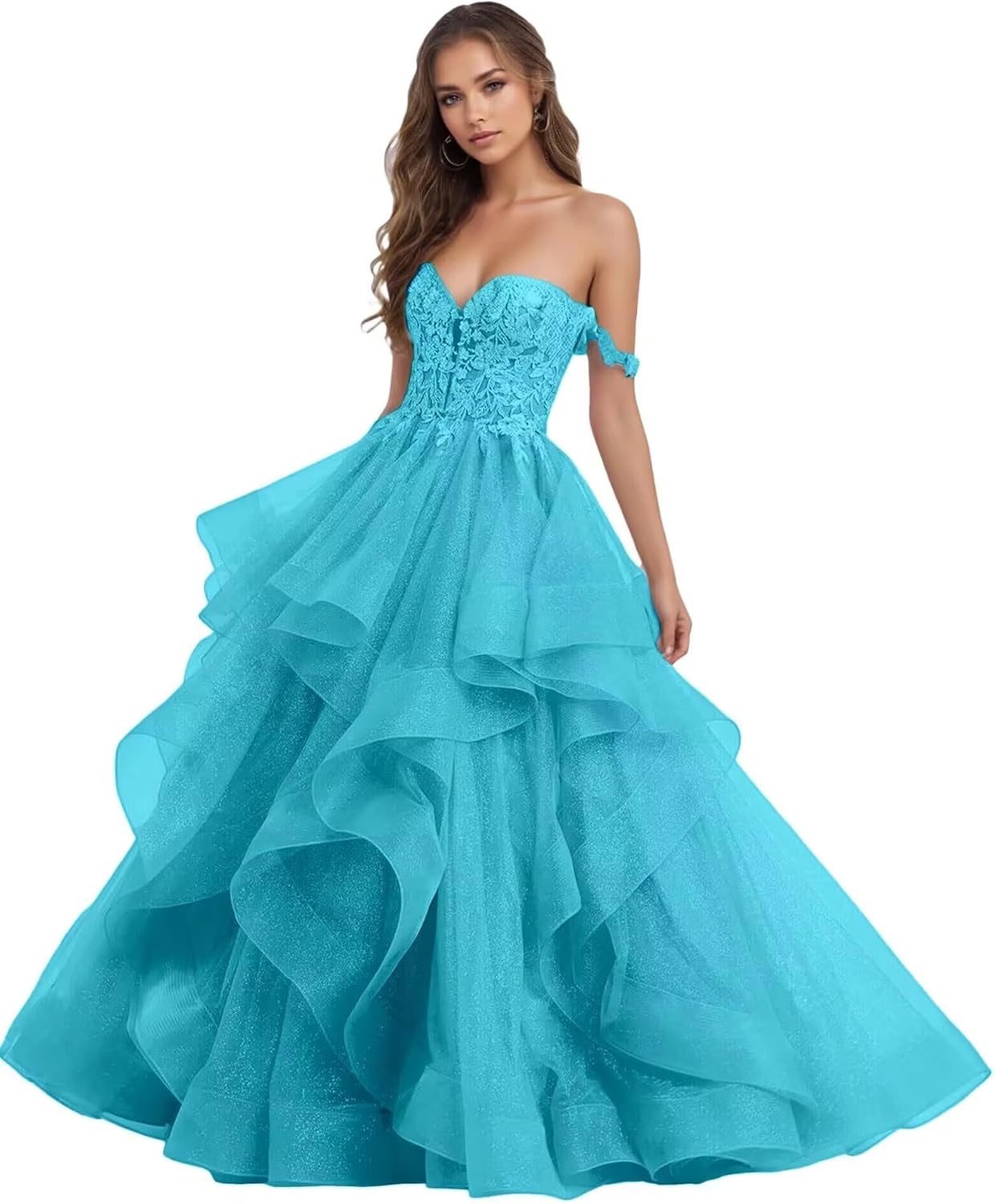 Tulle Off Shoulder Prom Dress Long Ball Gown 2026 Modest Lace Applique Tiered Ruffle Corset Prom Dresses for Women
