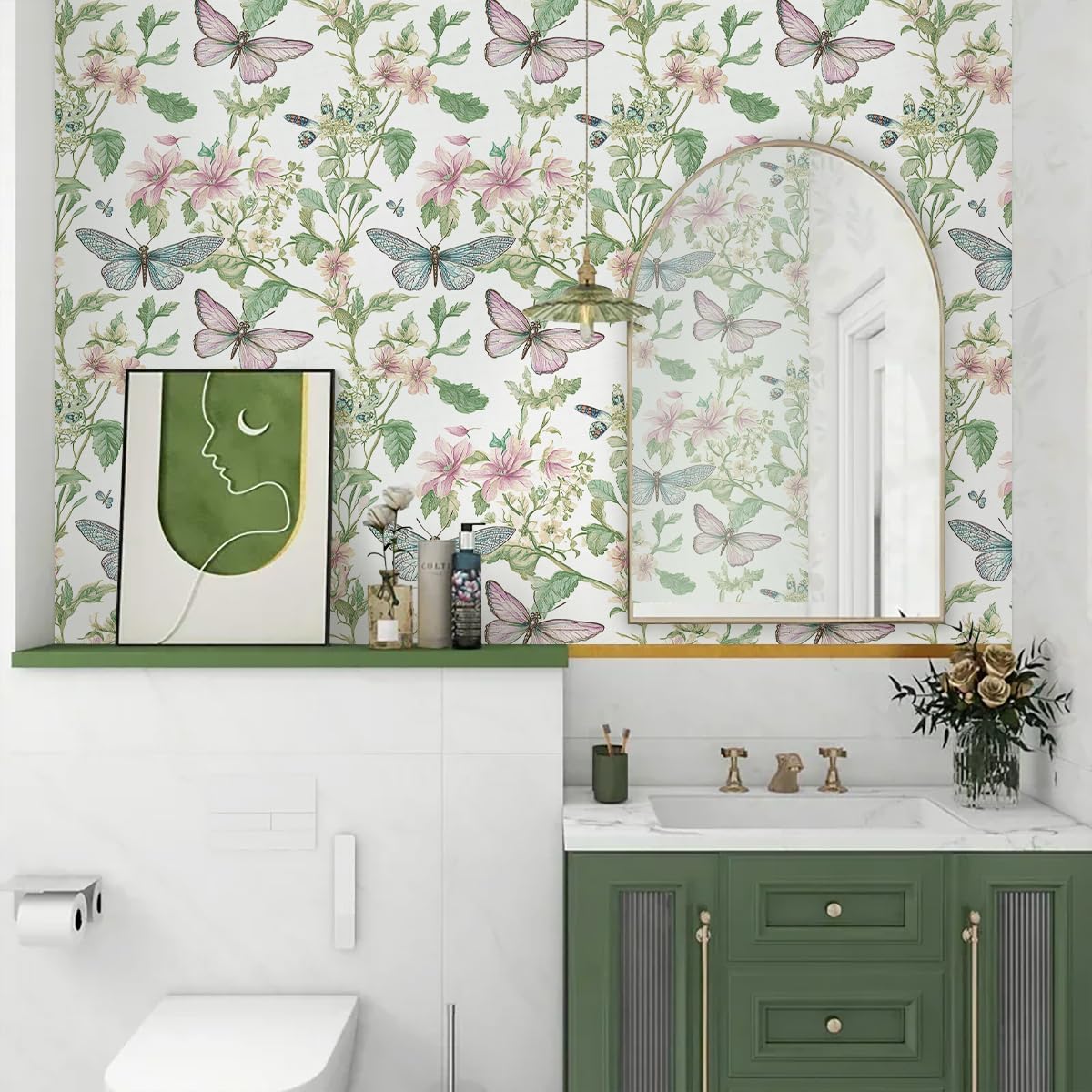 Jeweluck Floral Peel and Stick Wallpaper Butterfly Floral Contact Paper 16.9”x118.1” Vintage Flower Wallpaper Peel and Stick Leaf Removable Self Adhesive Wall Paper for Bathroom Decorative Vinyl