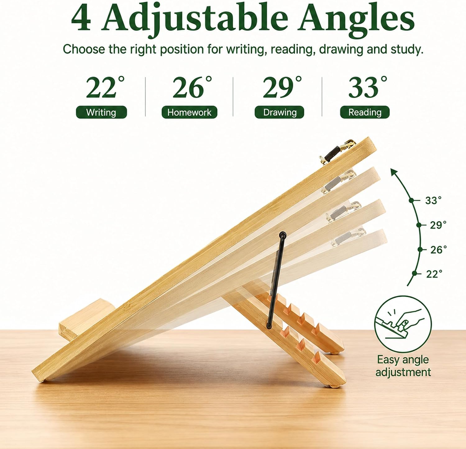 Bamboo Slant Board for Writing, Adjustable Writing Board with 4 Angles | Natural Bamboo Surface Foldable Clipboard with 4 Adjustable Angles, Non-Slip Pads, Secure Clip for School, Home or Office