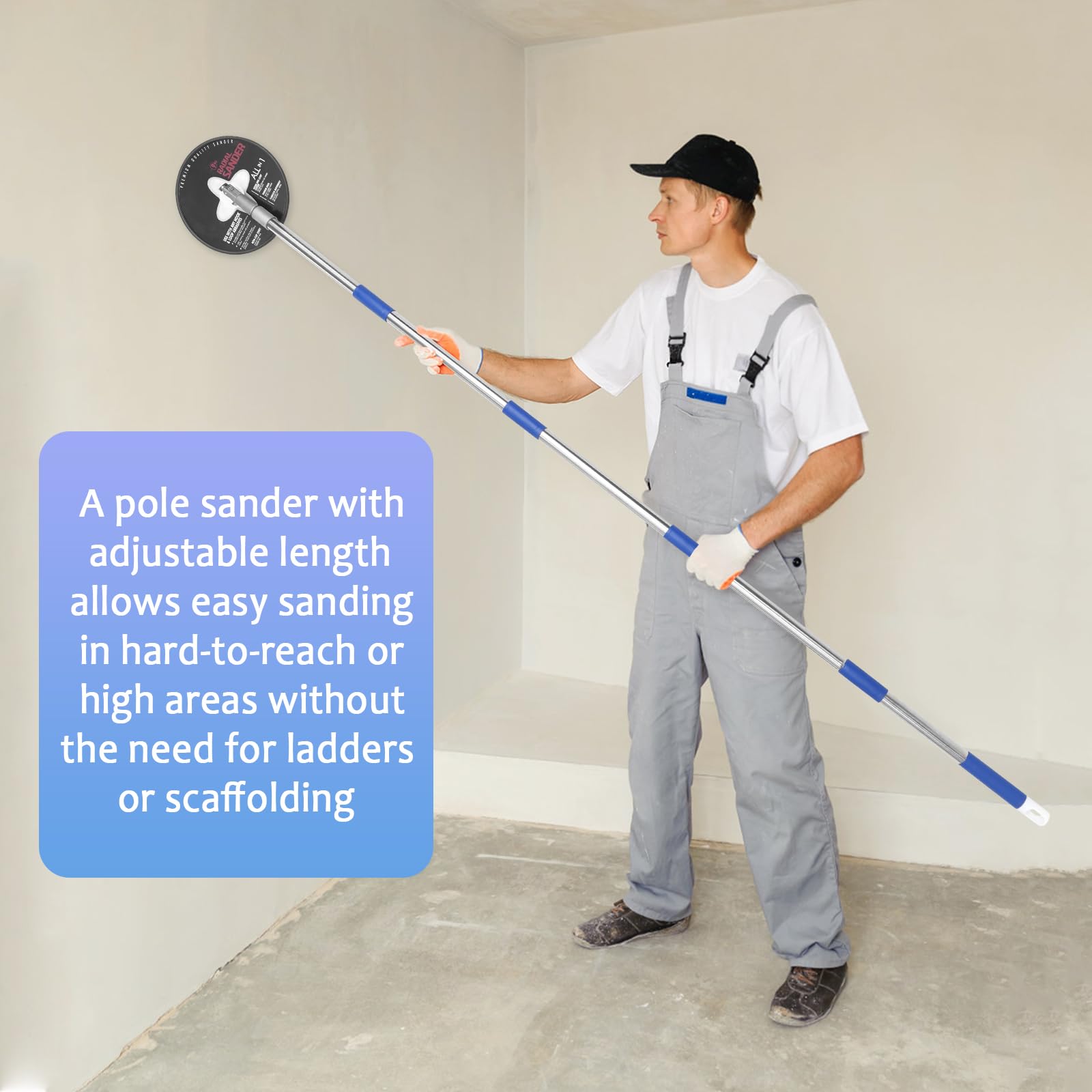 Lijadora de poste para paneles de yeso, lijadora radial de 9 pulgadas con barra de extensión ajustable de 49-90 pulgadas, lijadoras de pared para preparación de pintura, cabezal de lijado circular