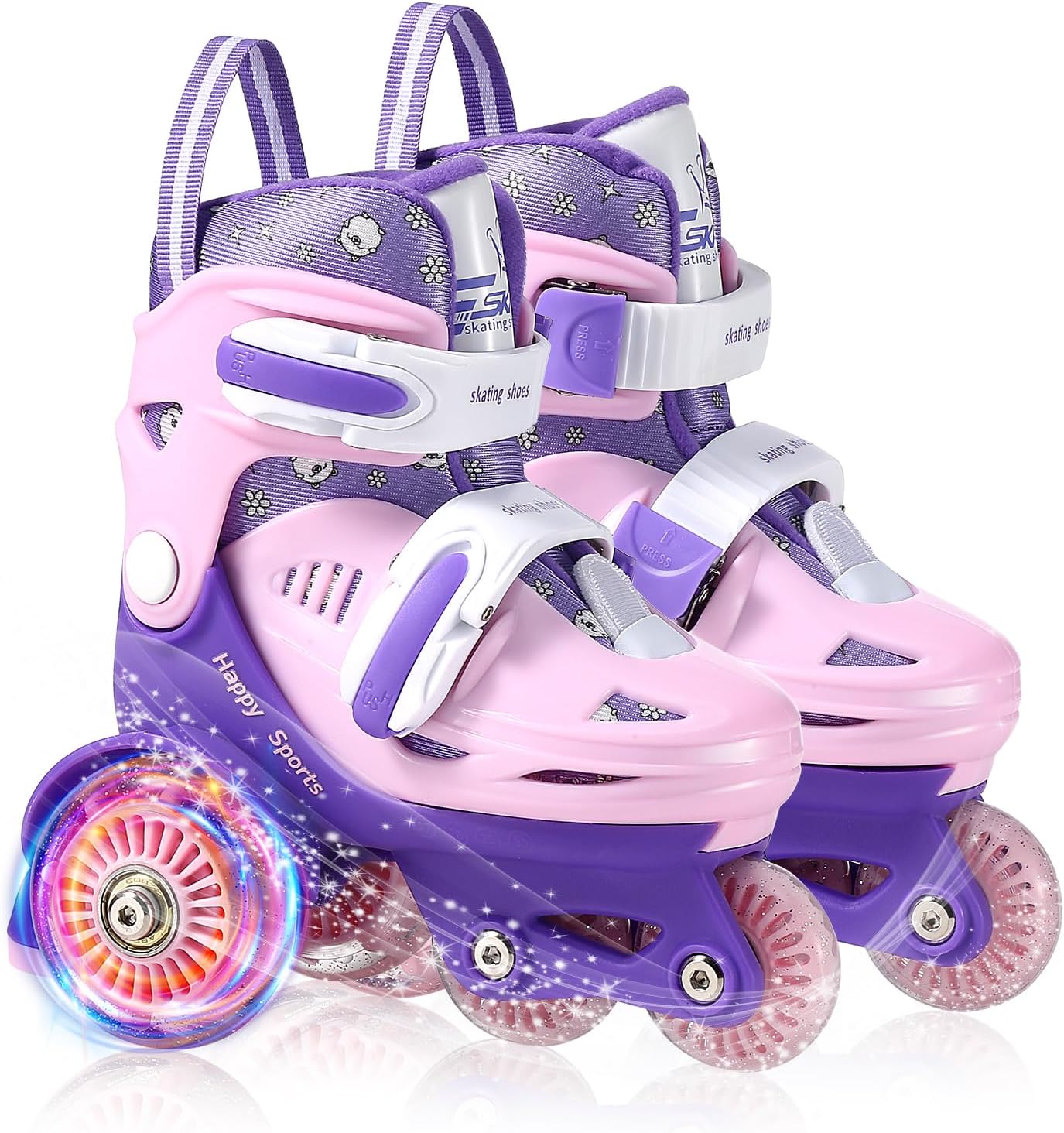 Toddler Roller Skates, 4 Adjustable Sizes, Light-up Wheels, Safety Three-Point Balance, Beginner Skates for Ages 3-8 Girls Boys Kids, Suitable Indoor & Outdoor Use
