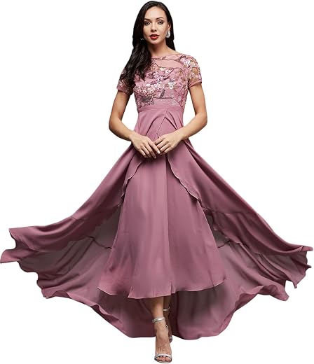 Miss Chase Women's Round Neck Cap Sleeve Embellished Fit Flare Maxi Dress