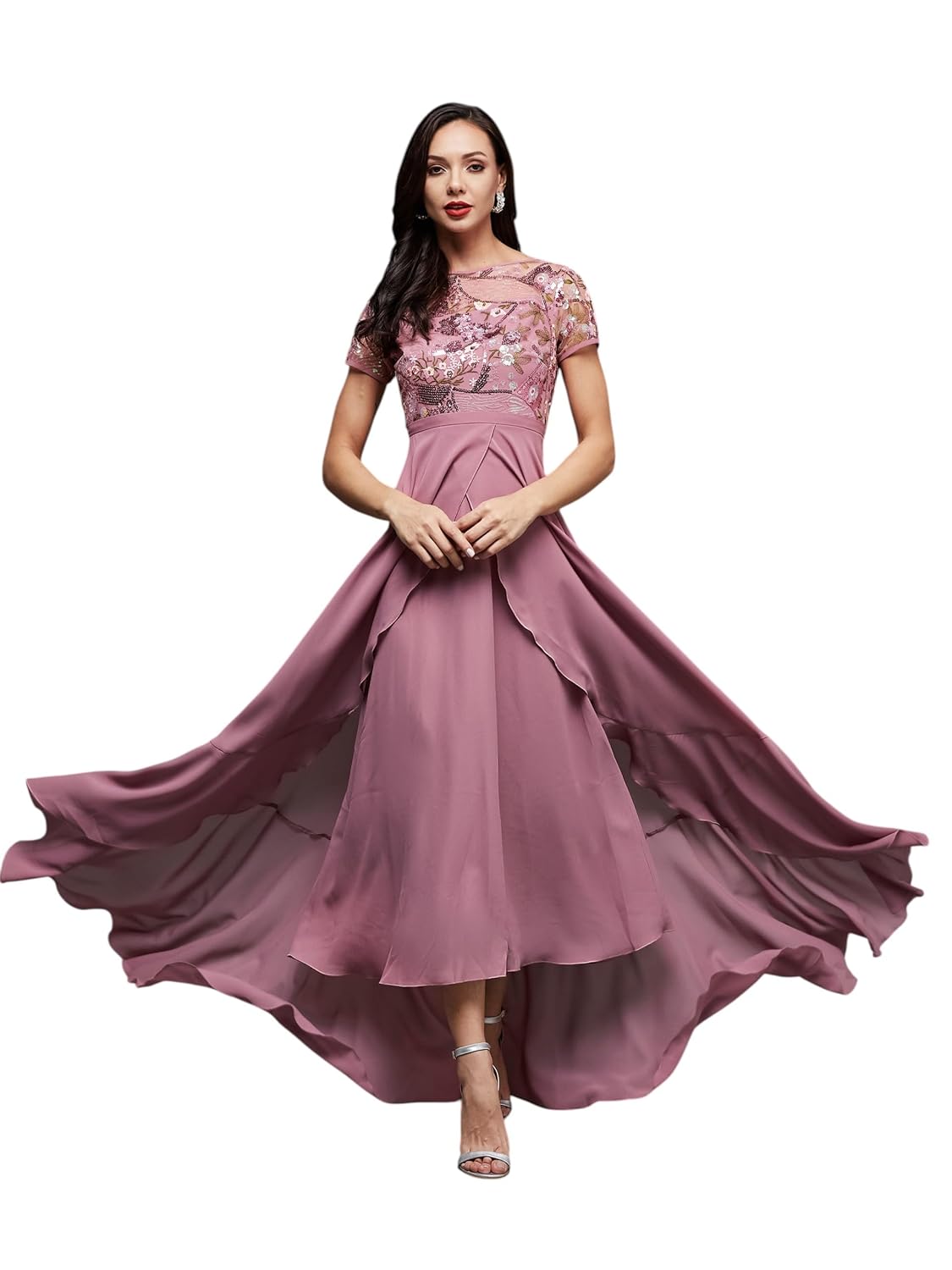 Miss Chase Women's Round Neck Cap Sleeve Embellished Fit Flare Maxi Dress