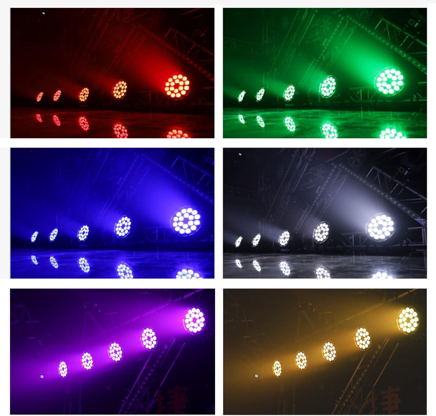 Six individual images showing the MAD OWL WKP-1816B LED Par Can Uplight emitting red, green, blue, white, purple, and amber light.