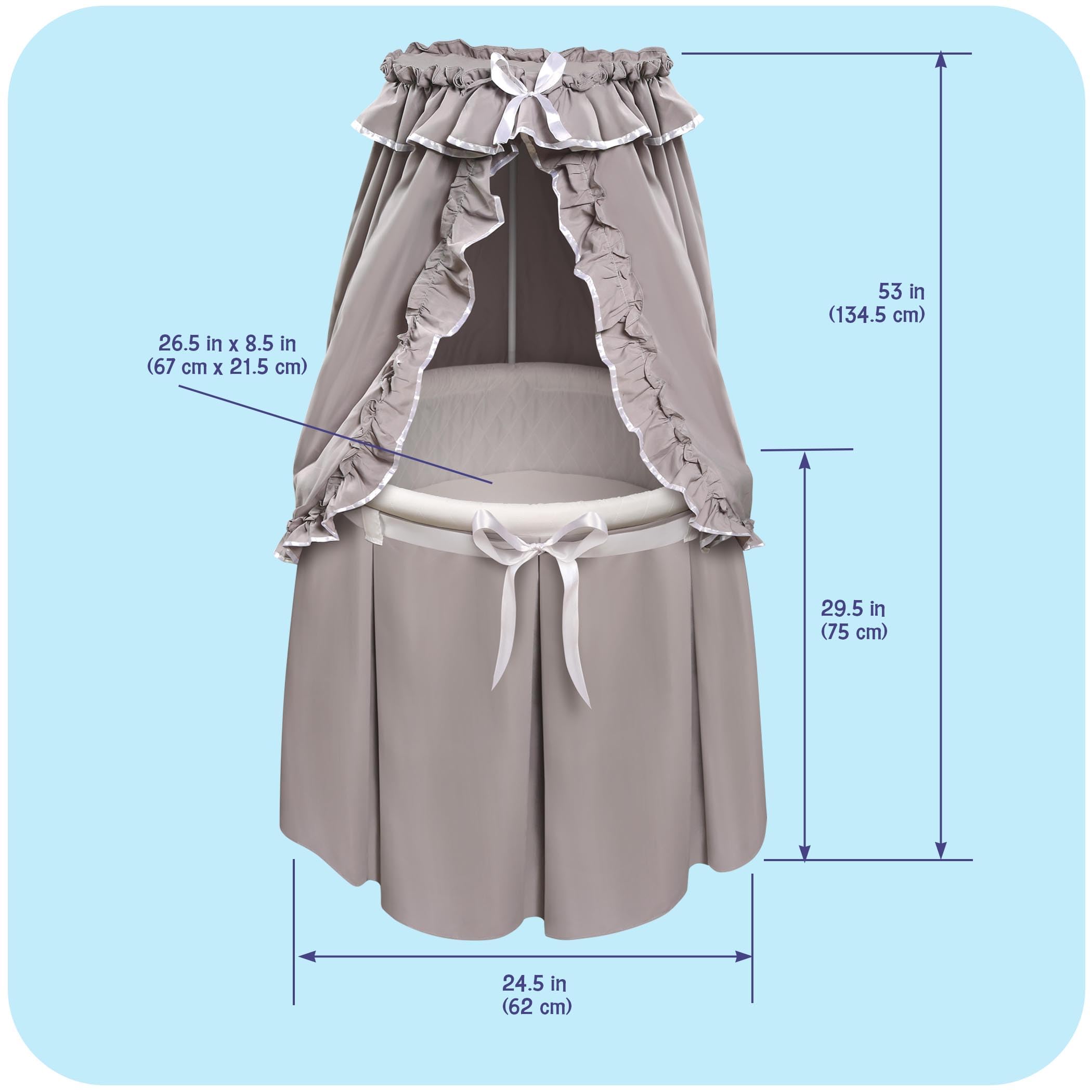 Badger Basket Empress Canopy Bassinet - Round Rocking Baby Cradle with Locking Wheels Mattress Bedding and Storage Basket - 2-in-1 Bedside Sleeper - GrayWhite product thumbnail 5