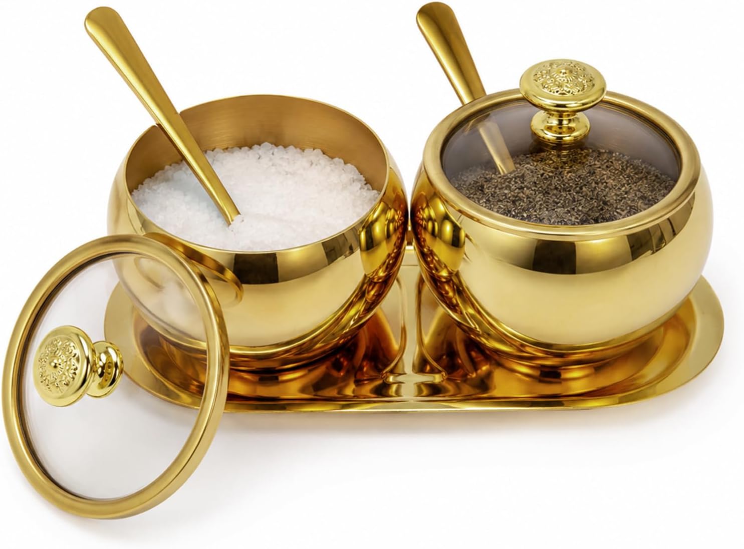 2 Pcs Stainless Steel Seasoning Jars with Tray, Spherical Sugar Container with Spoon & Clearn Lid for Salt, Pepper, 3.15 in Mouth, 3.54 in High, Coffee Bar Accessories, Gold