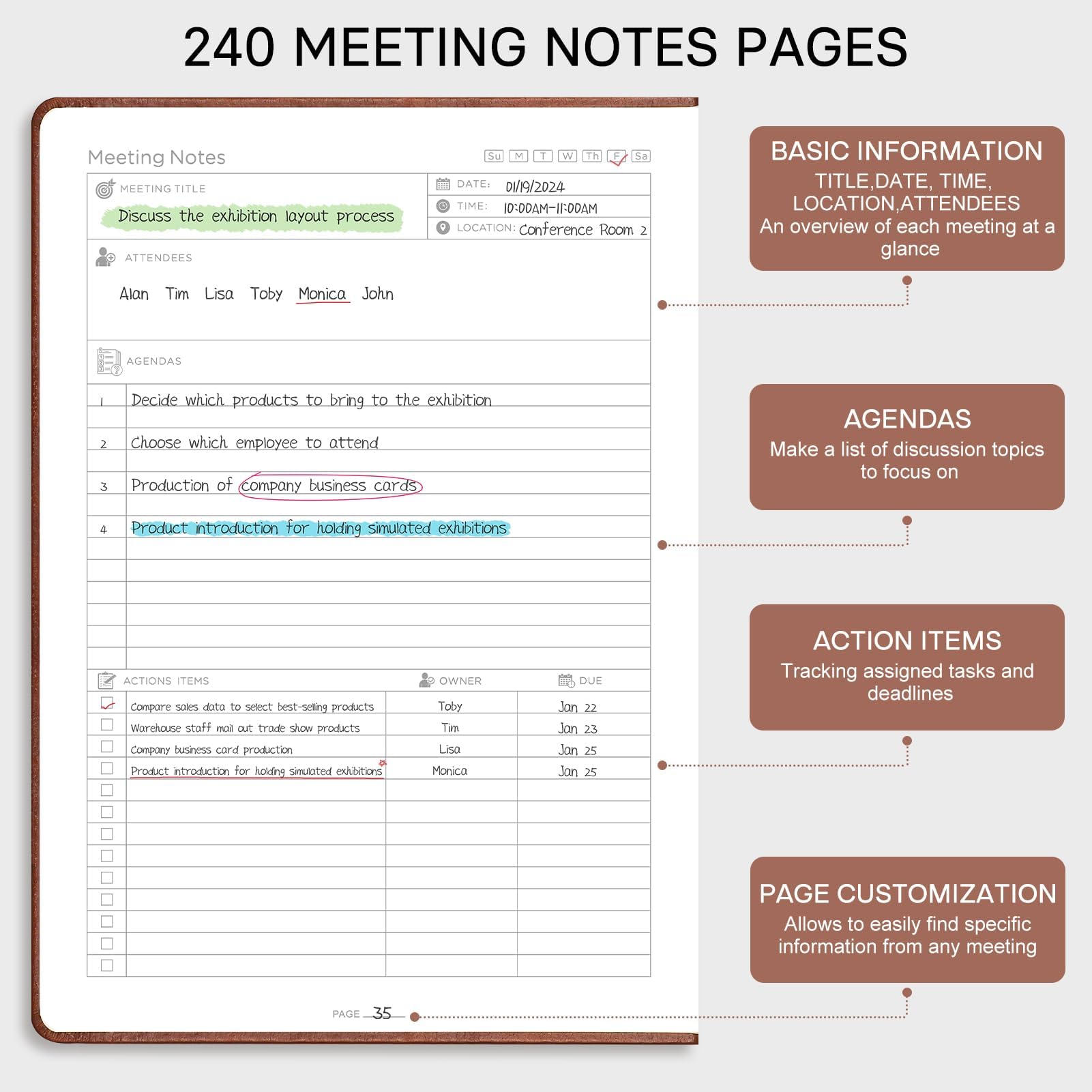 EMSHOI Meeting Notebook A4 Planner, 240 Pages Large Diary To Do List Notepad with 100gsm Thick Paper - Image 2