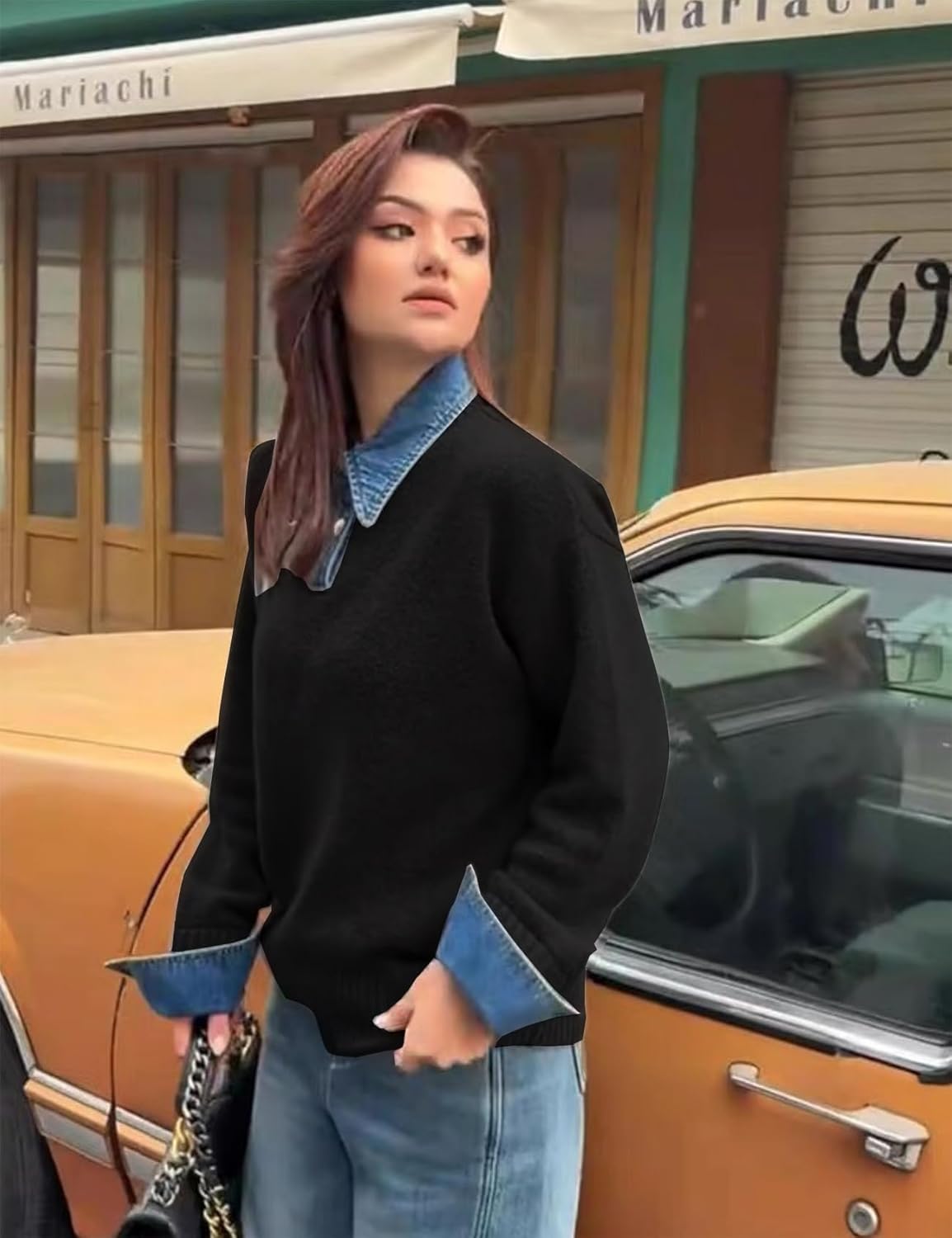 Womens Fall Oversized Long Sleeve Sweaters 2 in 1 Denim Panel Lapel Sweater Polo Knit Sweater Tops - Image 6