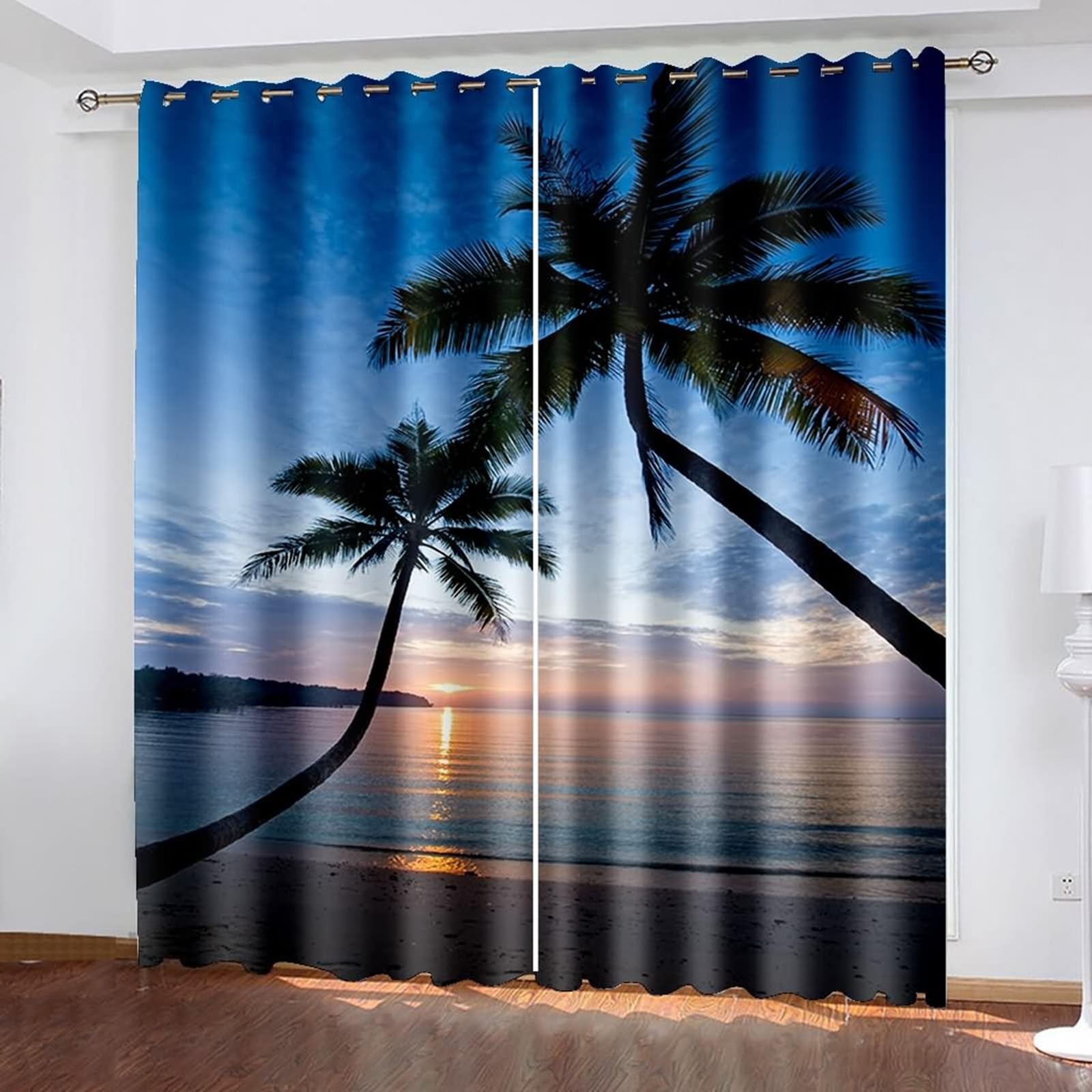 2 Panneaux Rideaux Occultant, Rideau Thermique Fenetre à Oeillets Paysage Plage Cocotiers Lever de Soleil sur Mer Rideaux pour Salon Chambre, 152x183 CM(LxH), Bleu Vert Marron