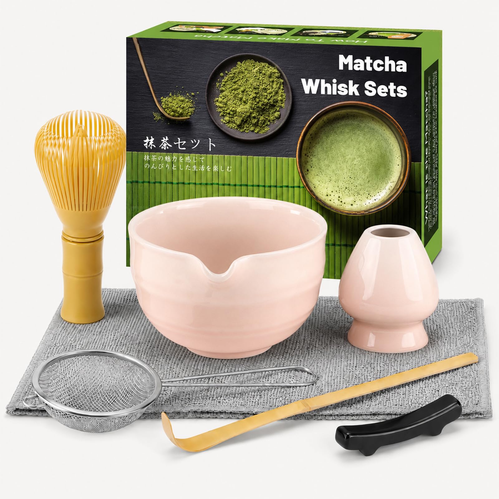 Muexoee 7 Pcs Matcha Set,Matcha Tea for Making Breakfast/Latte,Whisk Set and Bowl with All Accessories，Authentic Tea Ceremony，Gradient Pink Bowl, Stirrer Yellow — image 1