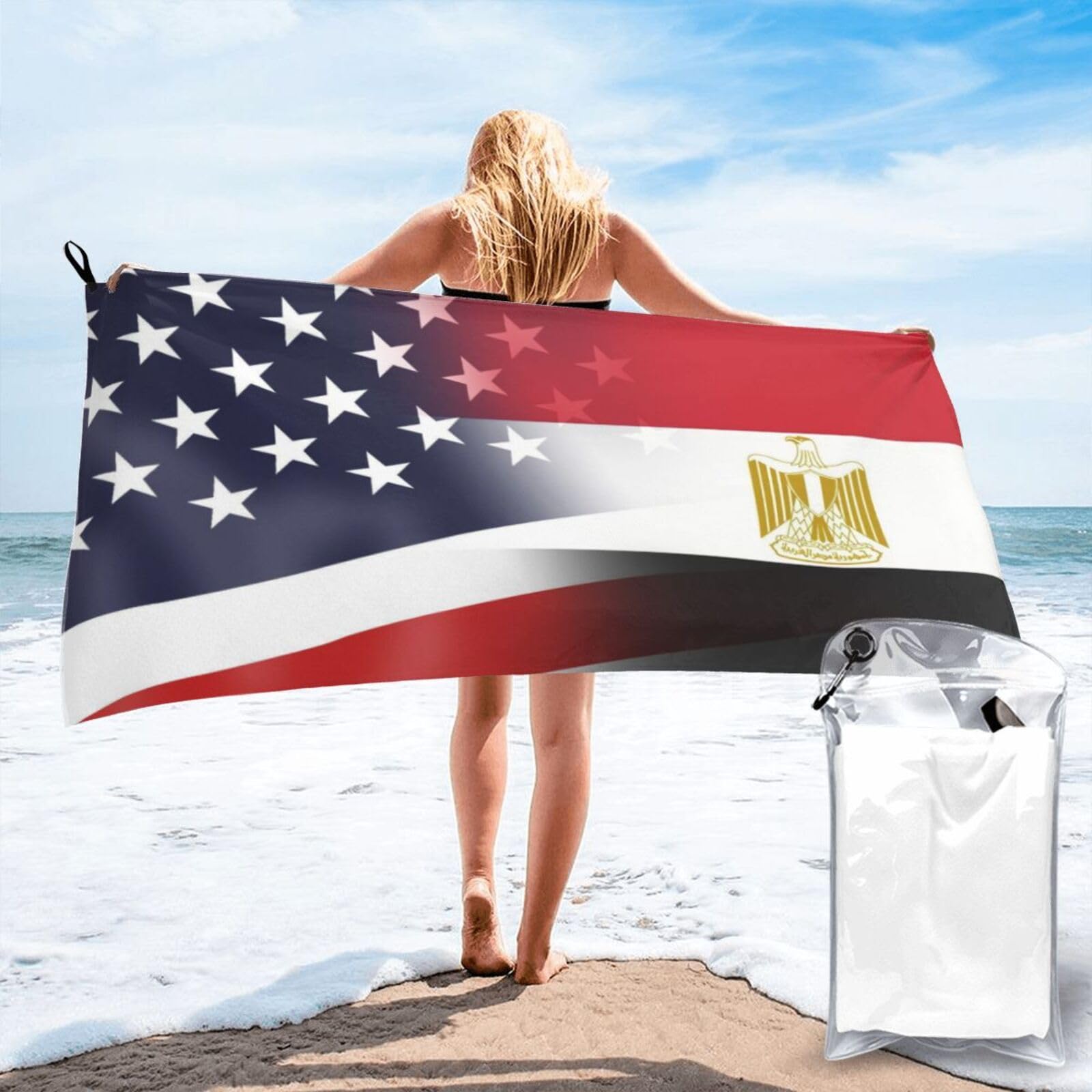 HACXZ Funny America Flag and Egypt Egyptian Flag Absorbent Beach Towel Microfiber Beach Shower Towel 27.5"X55"
