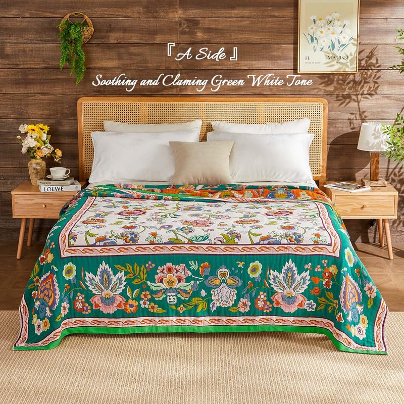 Image of Boho Throw Blanket Cotton Muslin Woven Flower Decorative Blankets 50 inchx60 inch