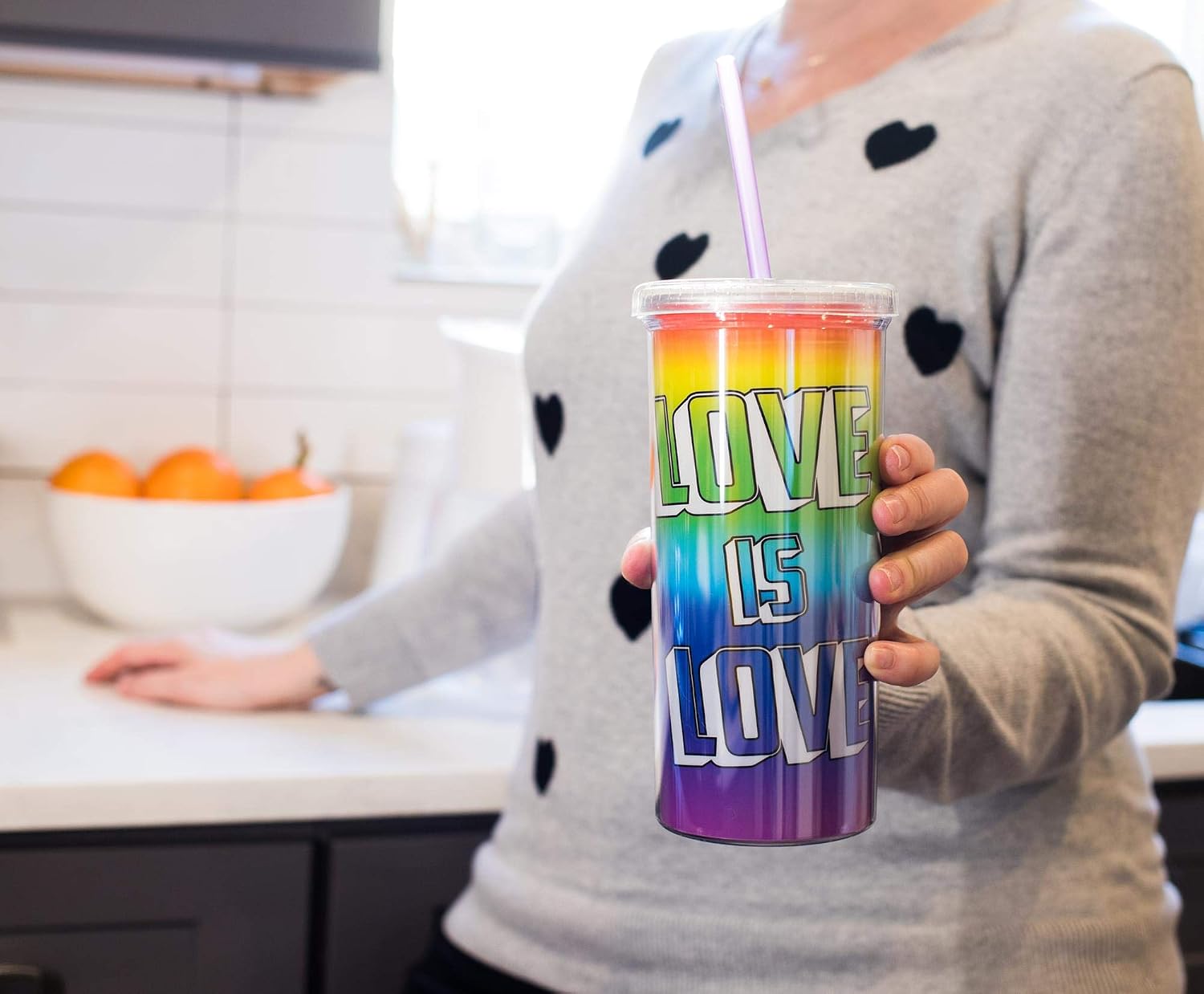 Silver Buffalo Love is Love 20 Oz Plastic Cold Cup with Glitter Lid and Straw, multicolor, large (NL14638FG)