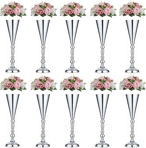 NUPTIO Juego de 10 jarrones de boda y 10 flores artificiales para centros de mesa de boda