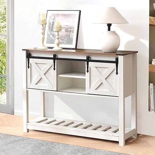 Miniatura 3 de Mesa de entrada de granja con puertas corredizas de granero, mesa consola de madera con estante de almacenamiento, mesa de sofá rústica para sala de